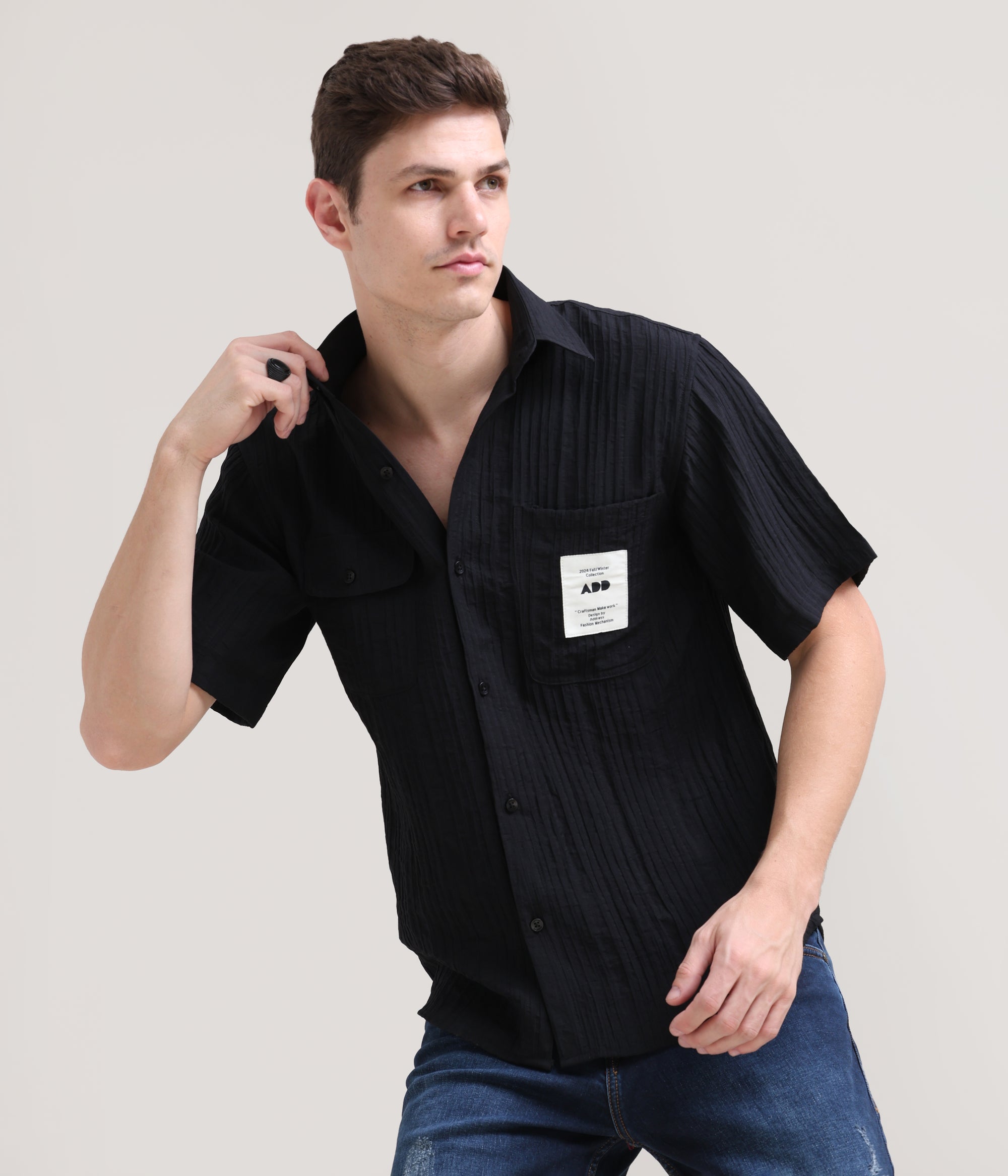 Night Shadow: Solid Black Oversized Half Sleeve Double Pocket Shirt