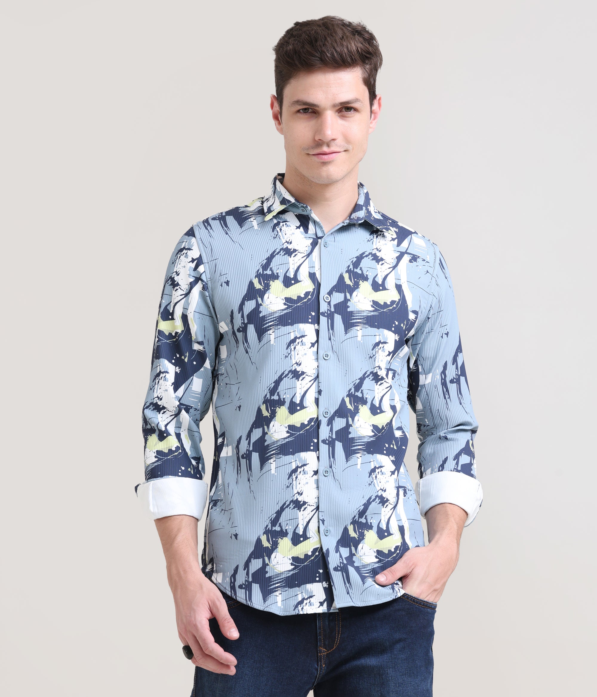 Slate Symphony: Printed Grey Tapered Fit Full Sleeve Shirt