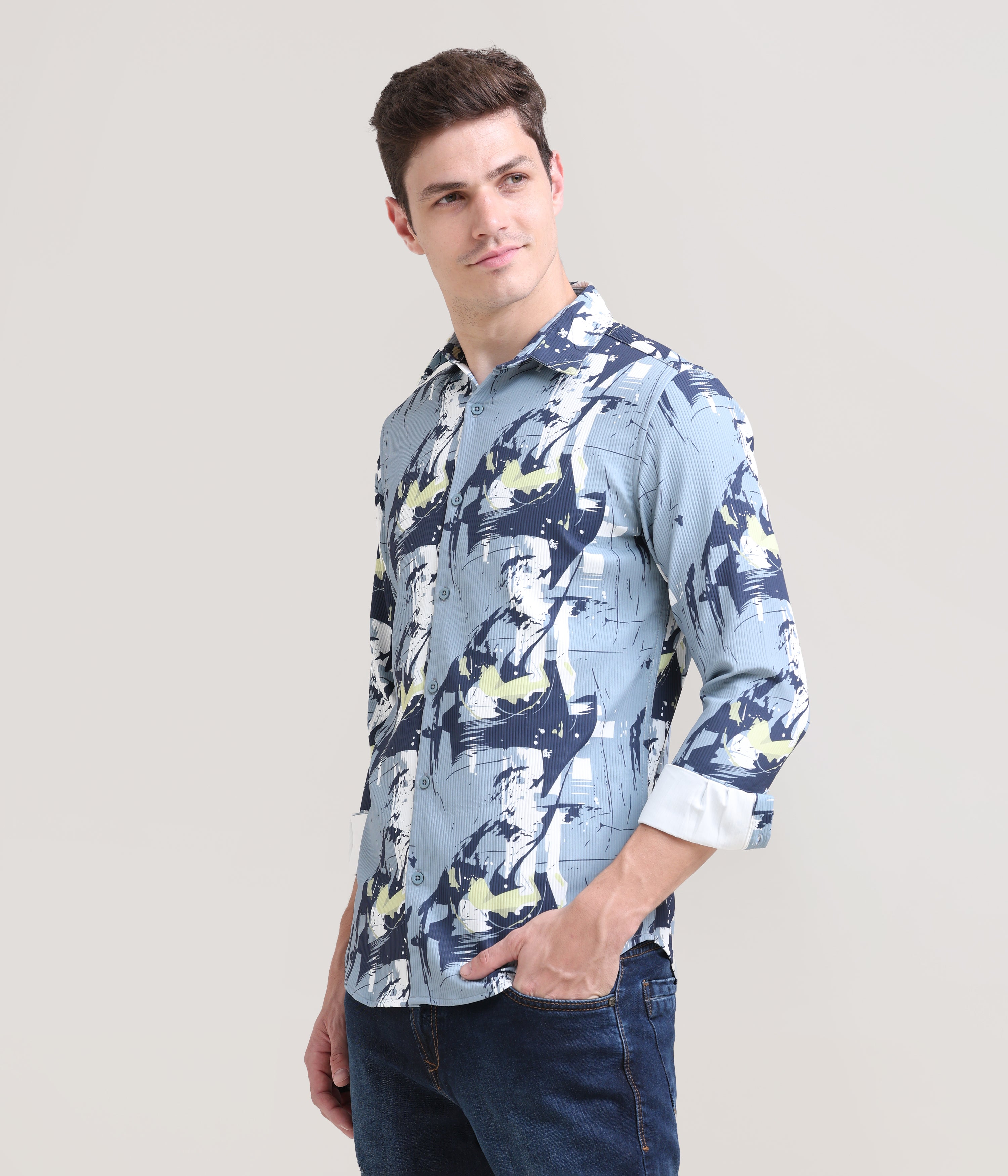 Slate Symphony: Printed Grey Tapered Fit Full Sleeve Shirt