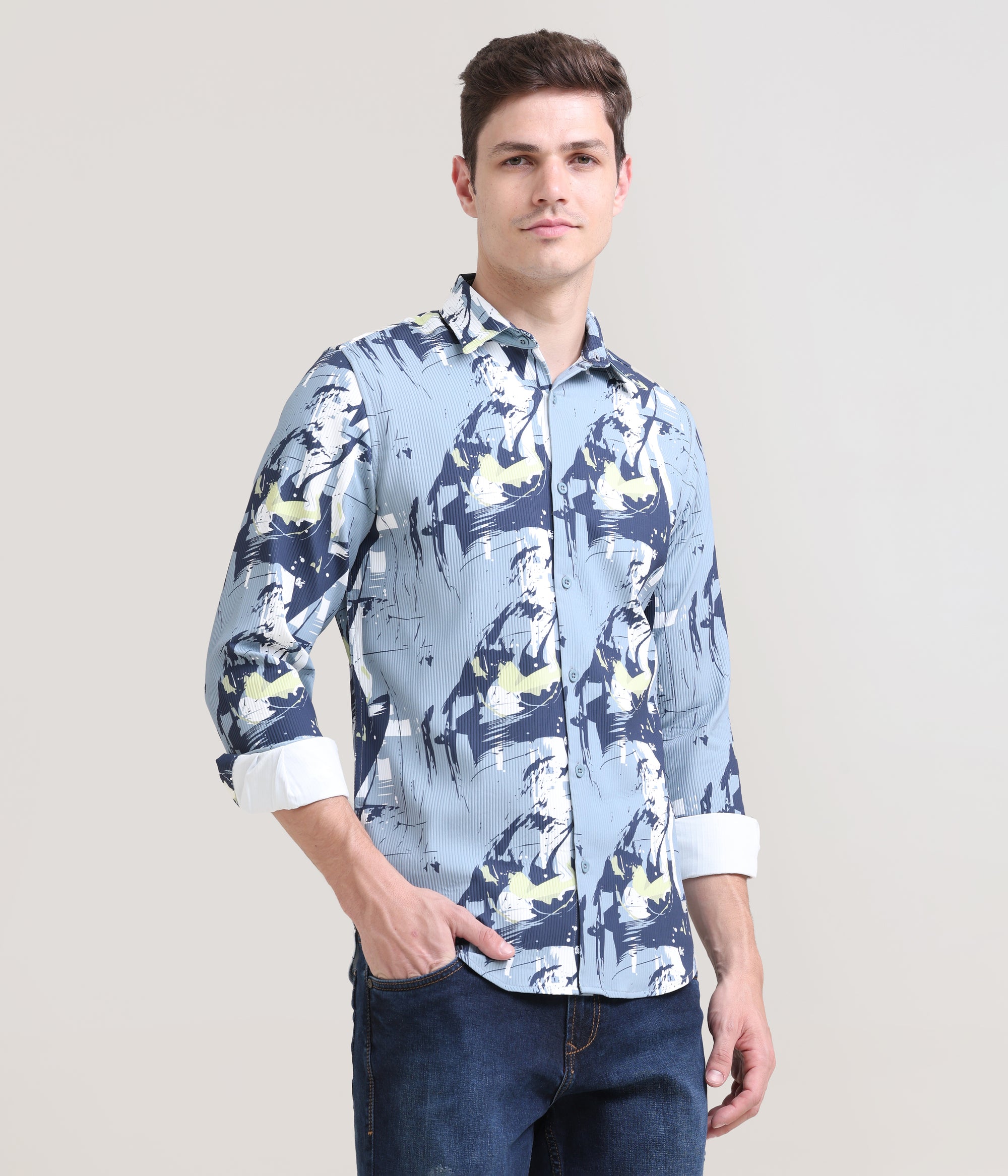 Slate Symphony: Printed Grey Tapered Fit Full Sleeve Shirt