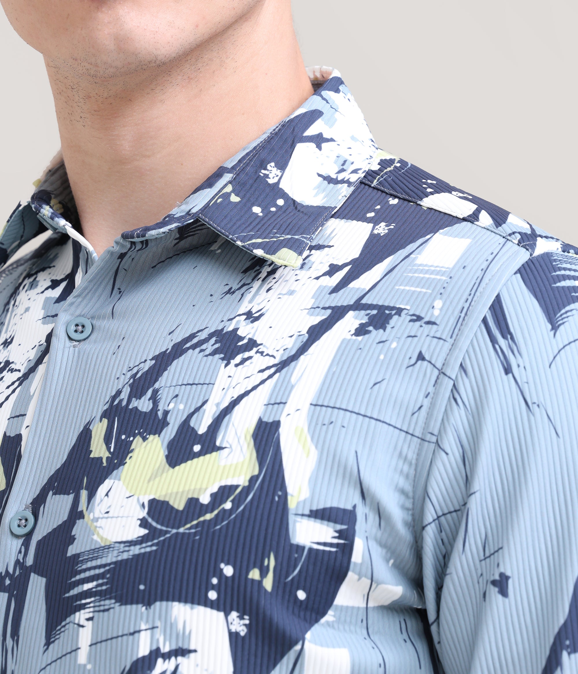 Slate Symphony: Printed Grey Tapered Fit Full Sleeve Shirt