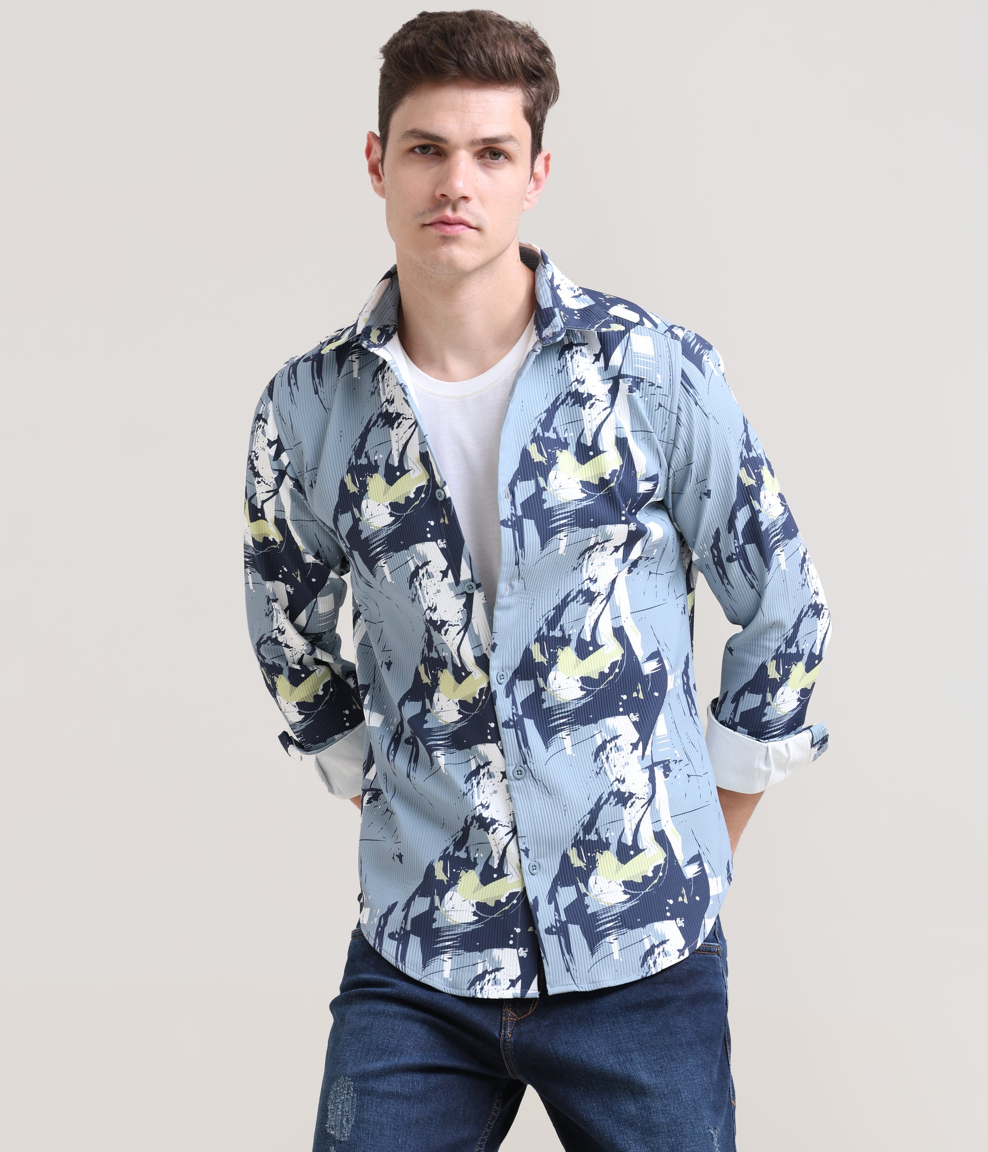 Slate Symphony: Printed Grey Tapered Fit Full Sleeve Shirt