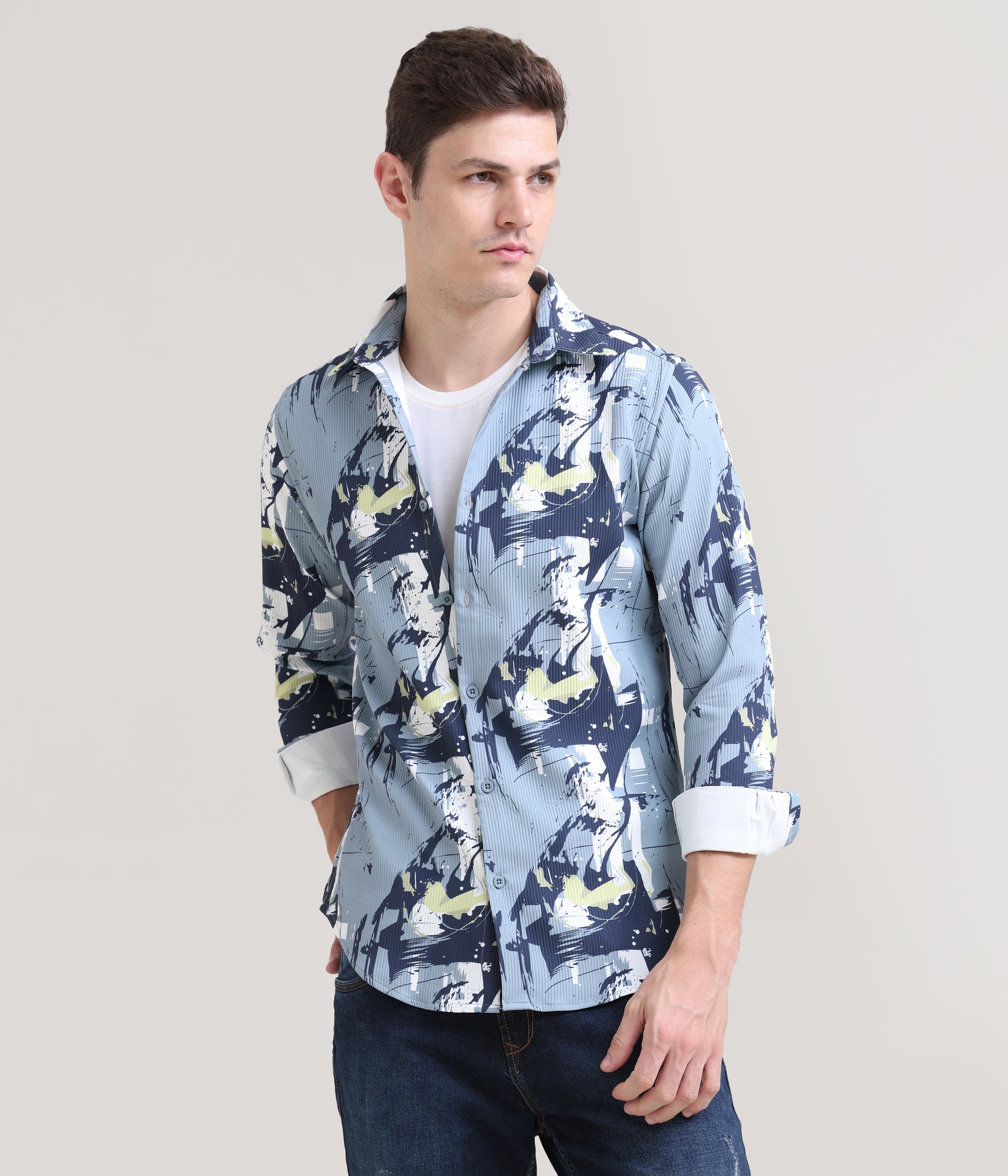 Slate Symphony: Printed Grey Tapered Fit Full Sleeve Shirt