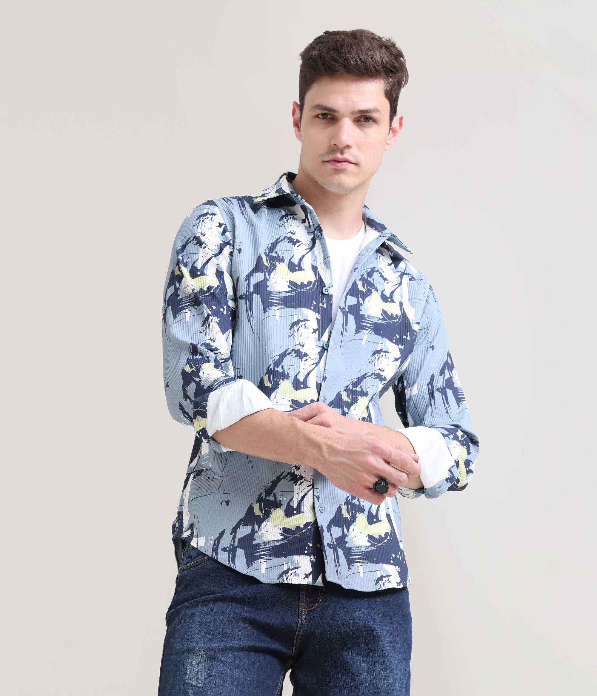 Slate Symphony: Printed Grey Tapered Fit Full Sleeve Shirt