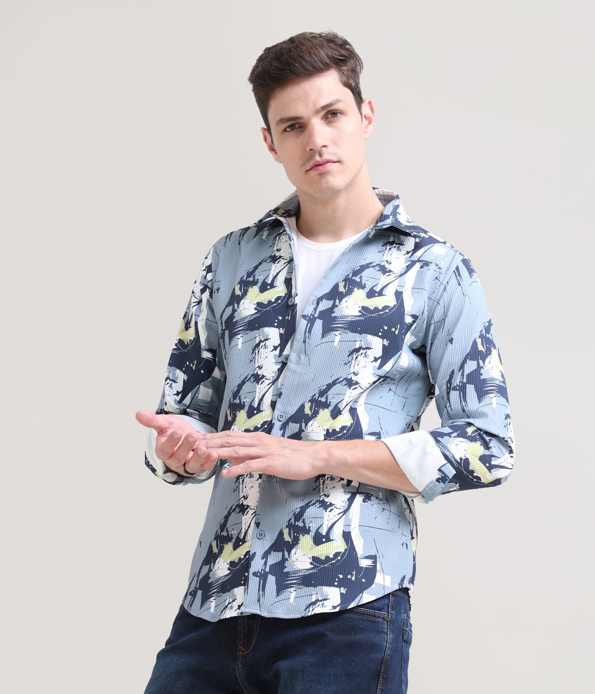 Slate Symphony: Printed Grey Tapered Fit Full Sleeve Shirt