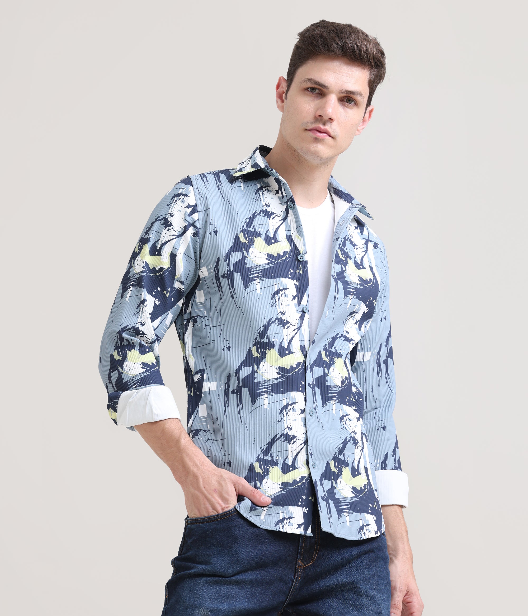 Slate Symphony: Printed Grey Tapered Fit Full Sleeve Shirt