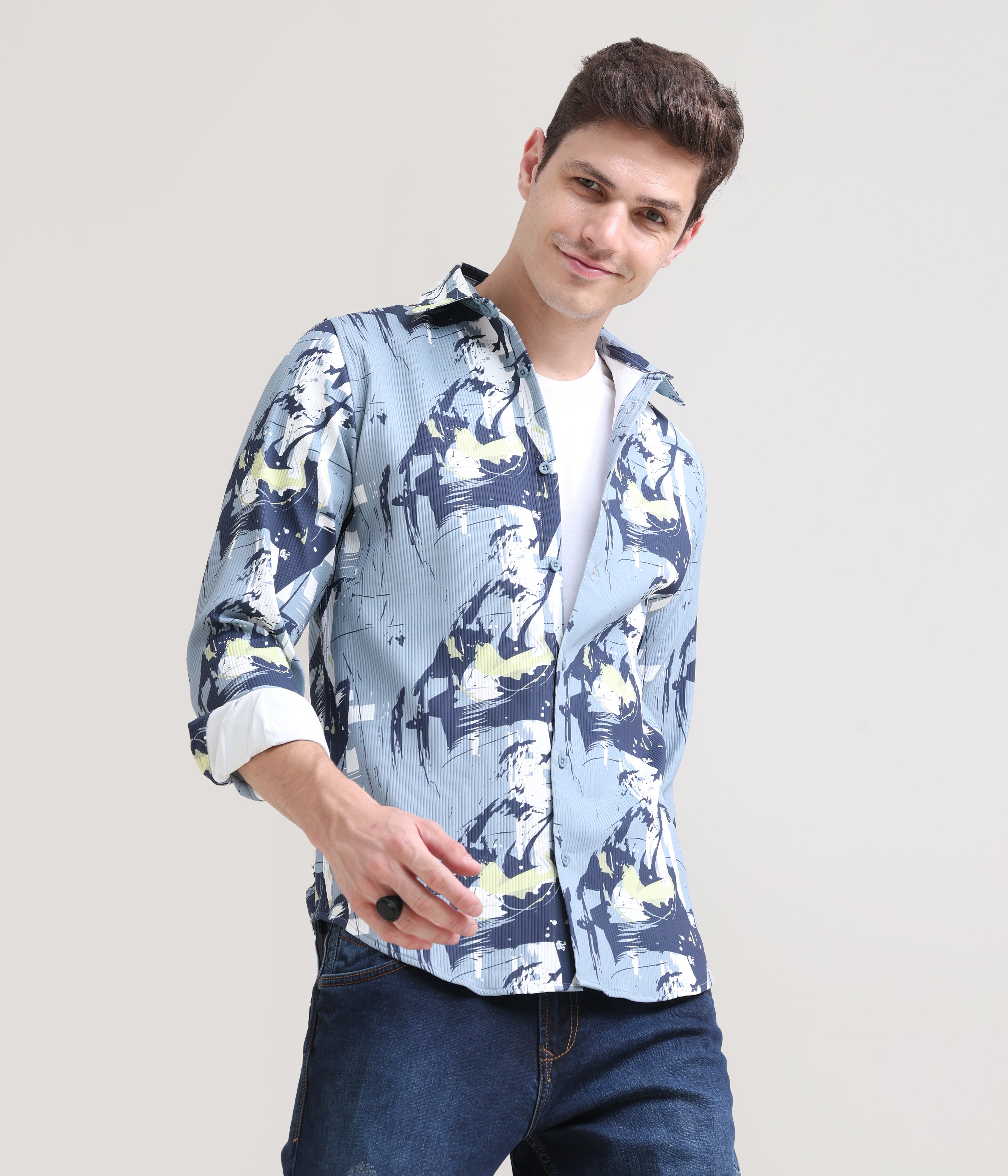 Slate Symphony: Printed Grey Tapered Fit Full Sleeve Shirt