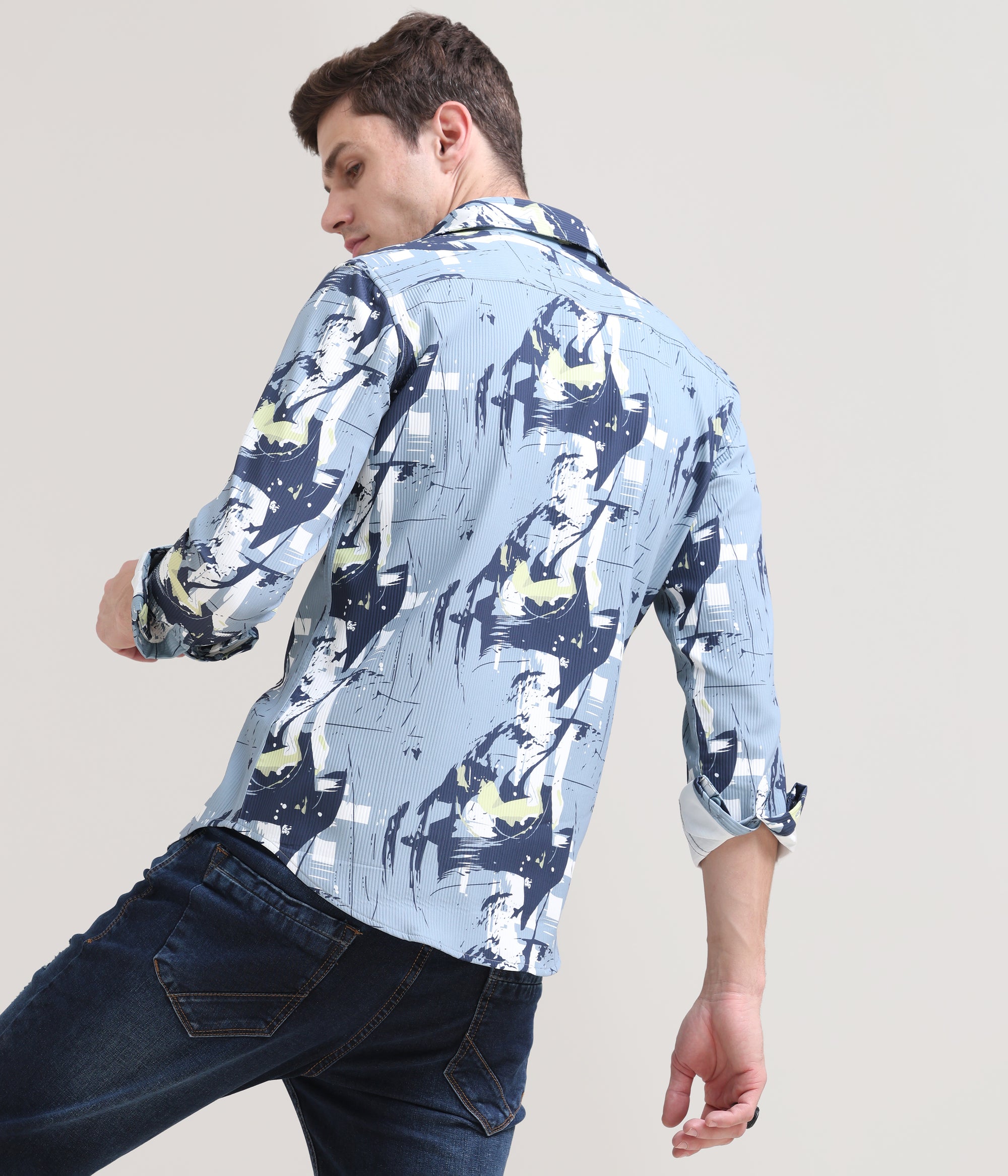 Slate Symphony: Printed Grey Tapered Fit Full Sleeve Shirt
