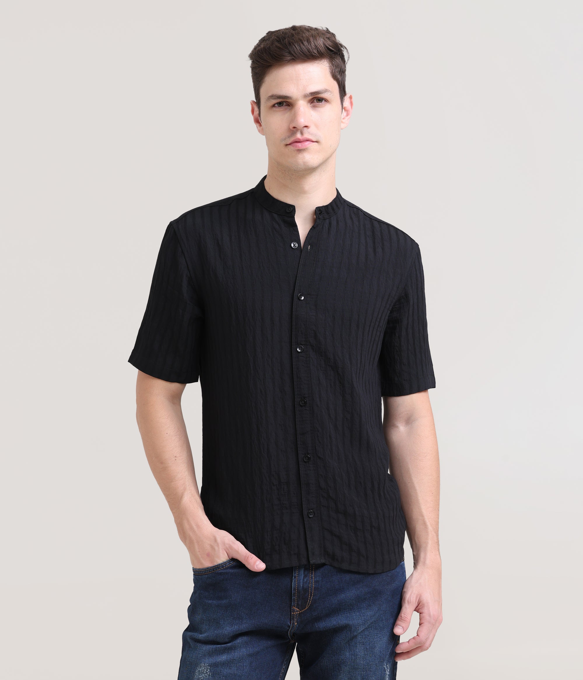 Midnight Classic: Solid Black Regular Fit Half Sleeve Shirt
