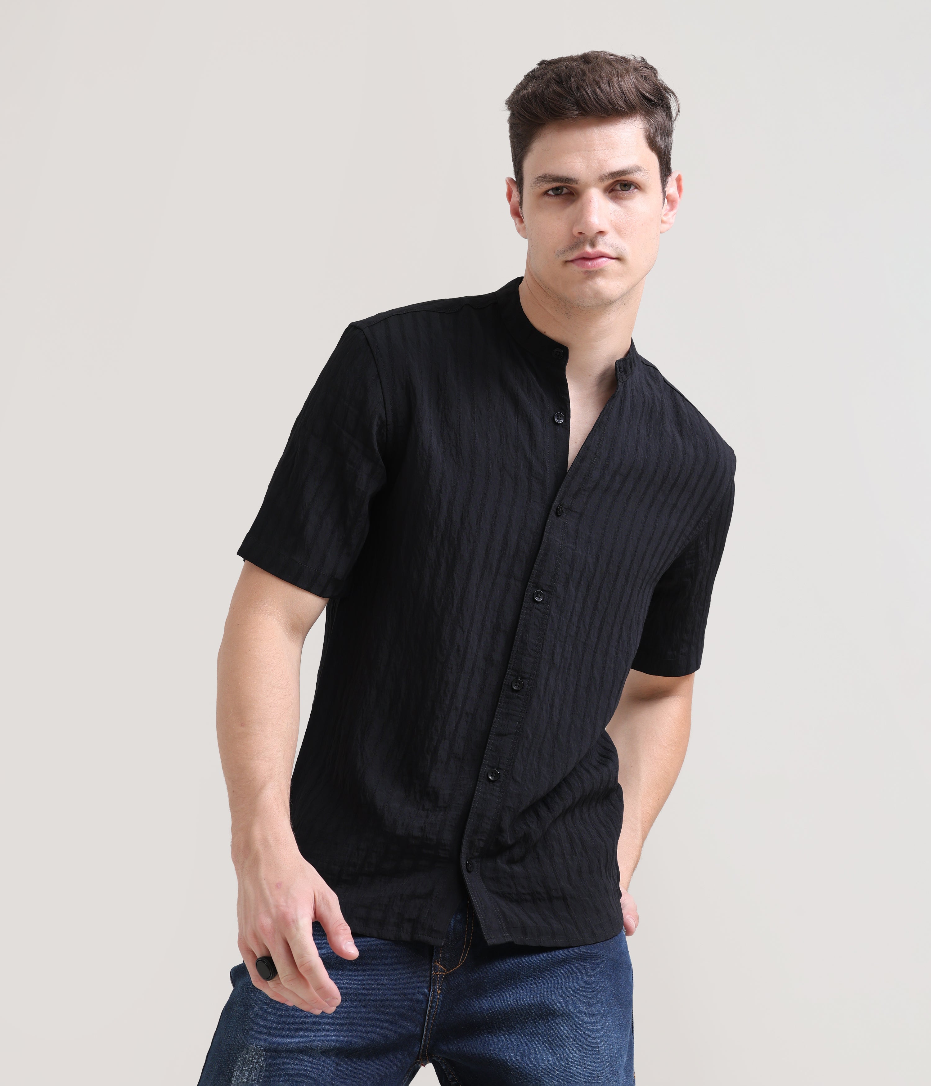 Midnight Classic: Solid Black Regular Fit Half Sleeve Shirt