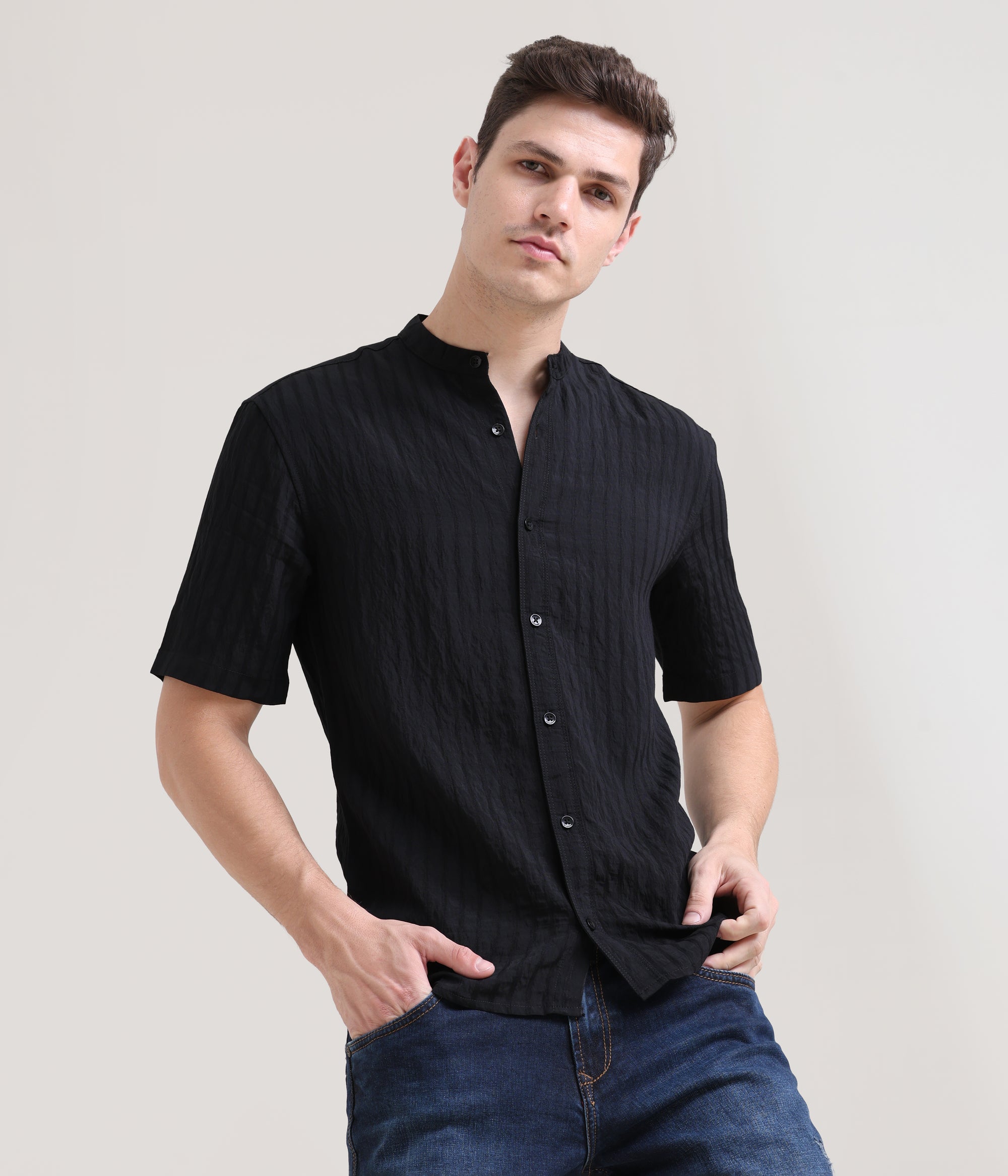 Midnight Classic: Solid Black Regular Fit Half Sleeve Shirt
