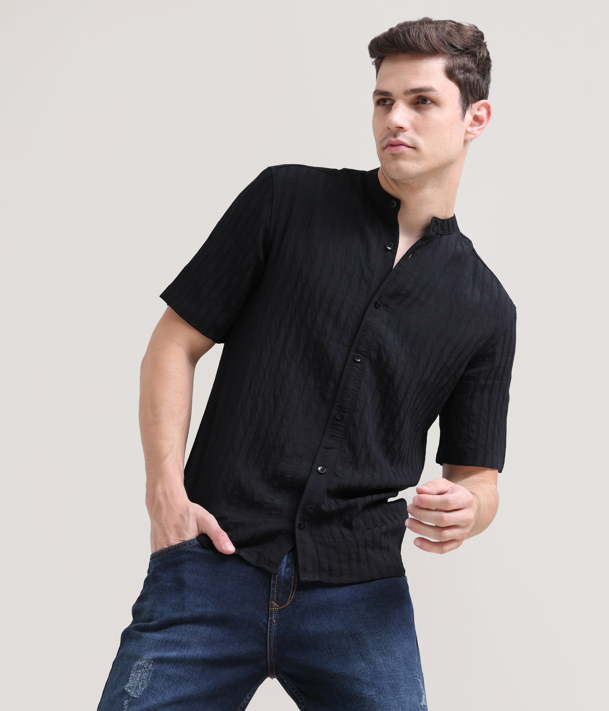 Midnight Classic: Solid Black Regular Fit Half Sleeve Shirt