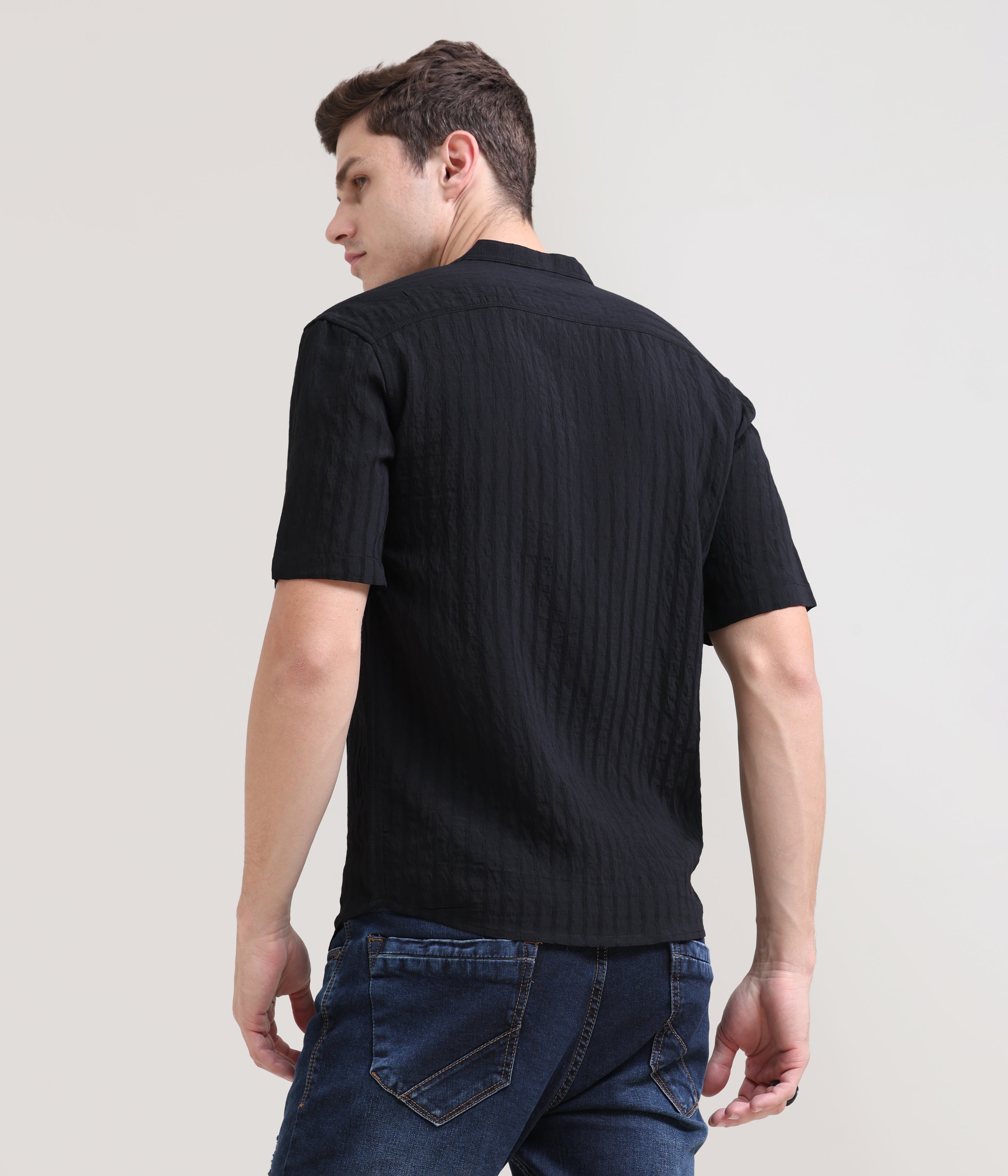 Midnight Classic: Solid Black Regular Fit Half Sleeve Shirt