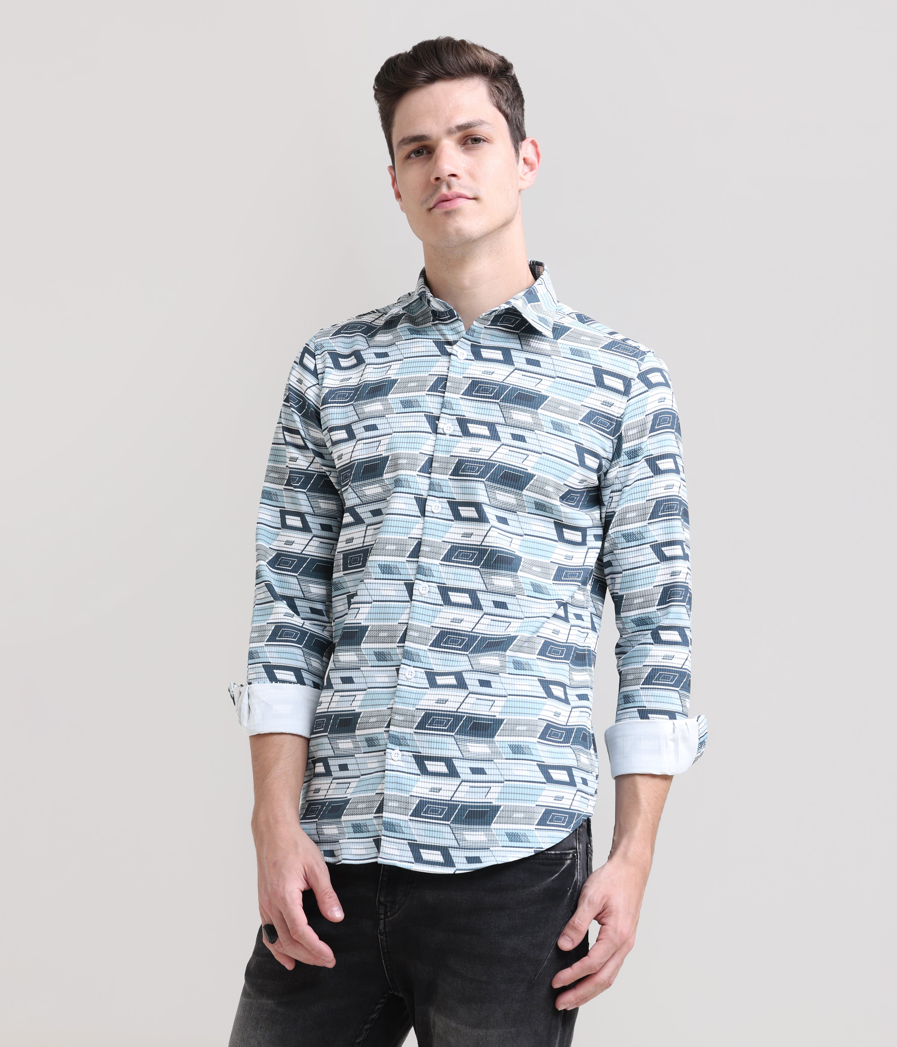 Pastel Breeze: Printed Mint Blue Tapered Fit Shirt
