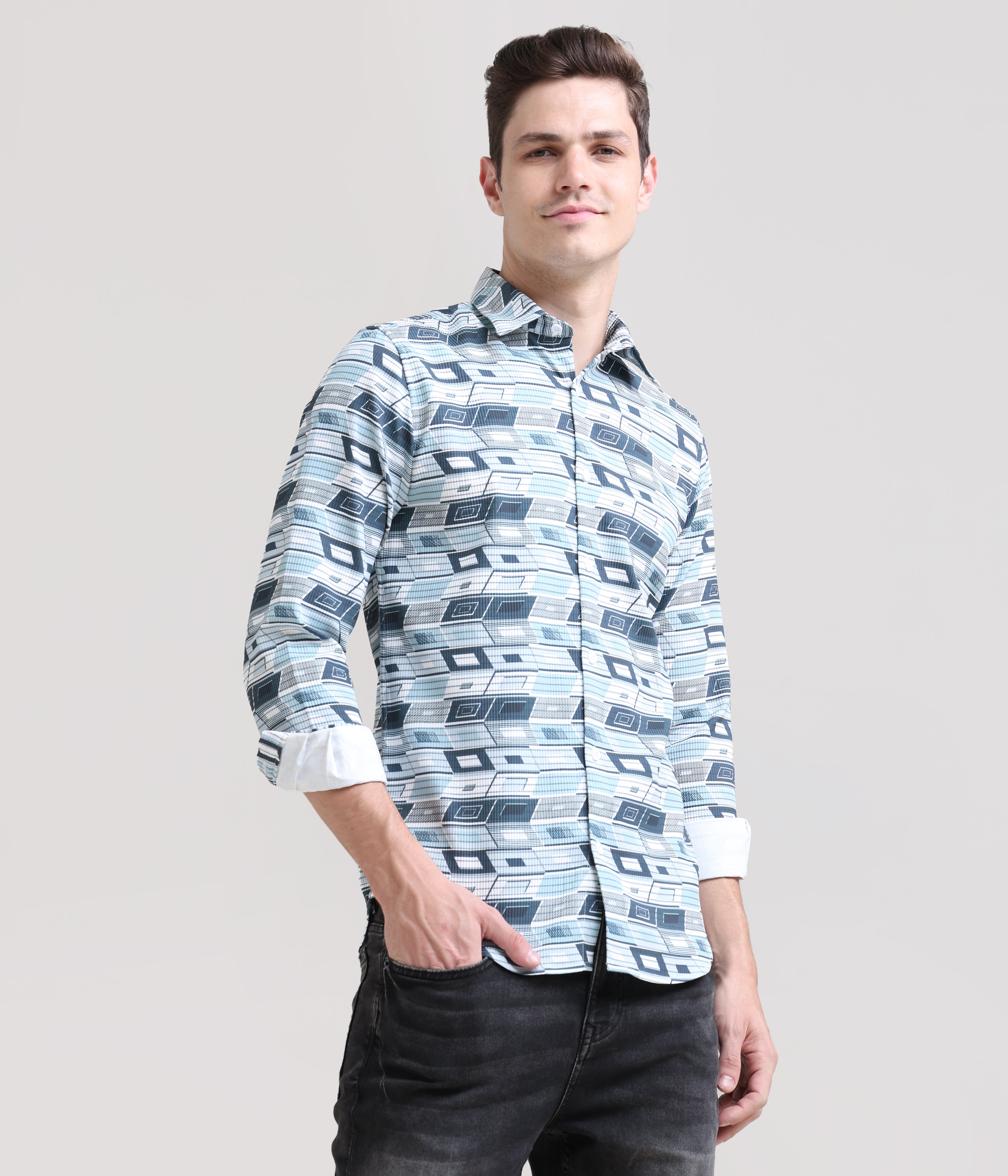 Pastel Breeze: Printed Mint Blue Tapered Fit Shirt