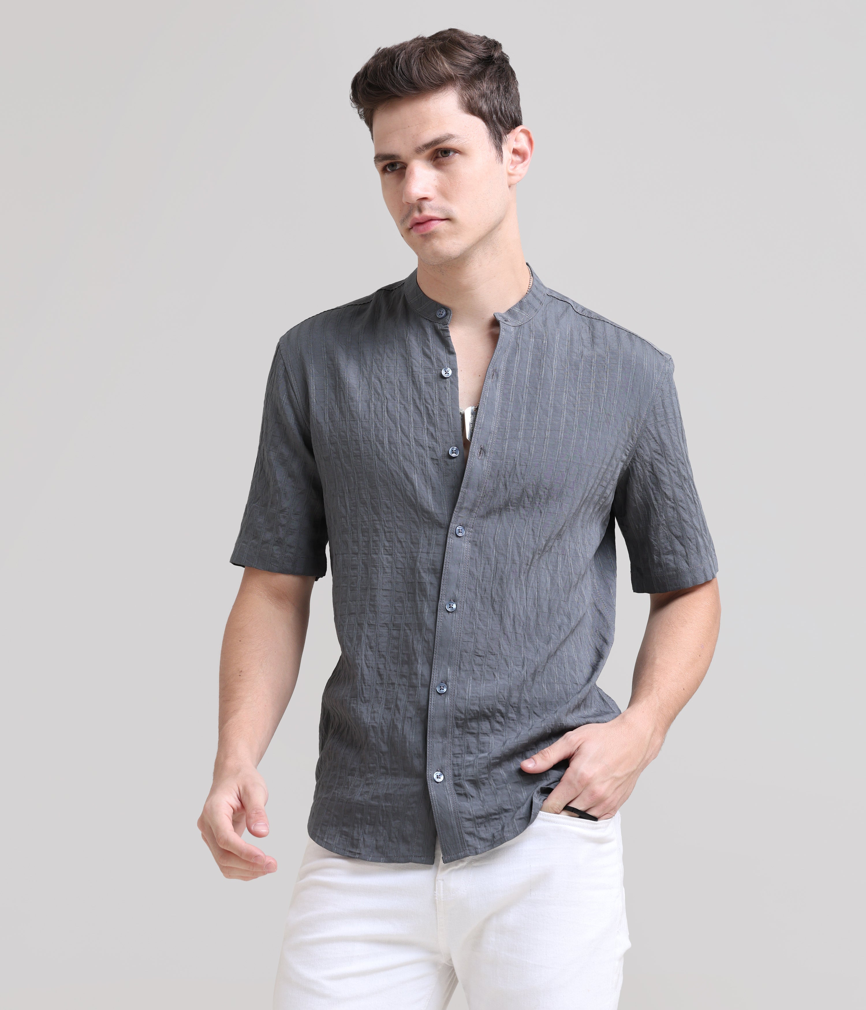 Steel Comfort: Solid Grey Regular Fit Half Sleeve Shirt
