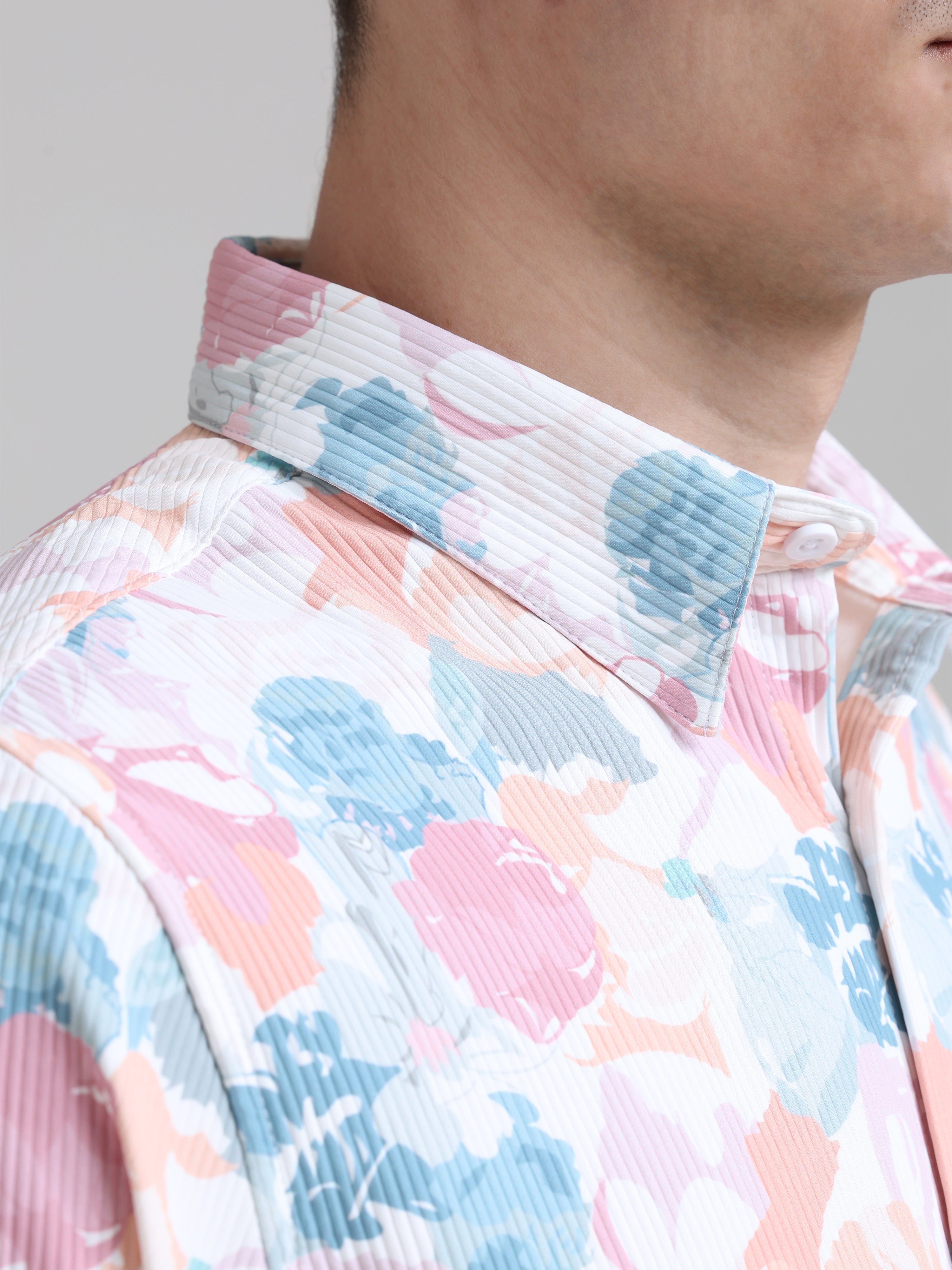 Blush Blossom: Printed Baby Pink Tapered Fit Full Sleeve Shirt