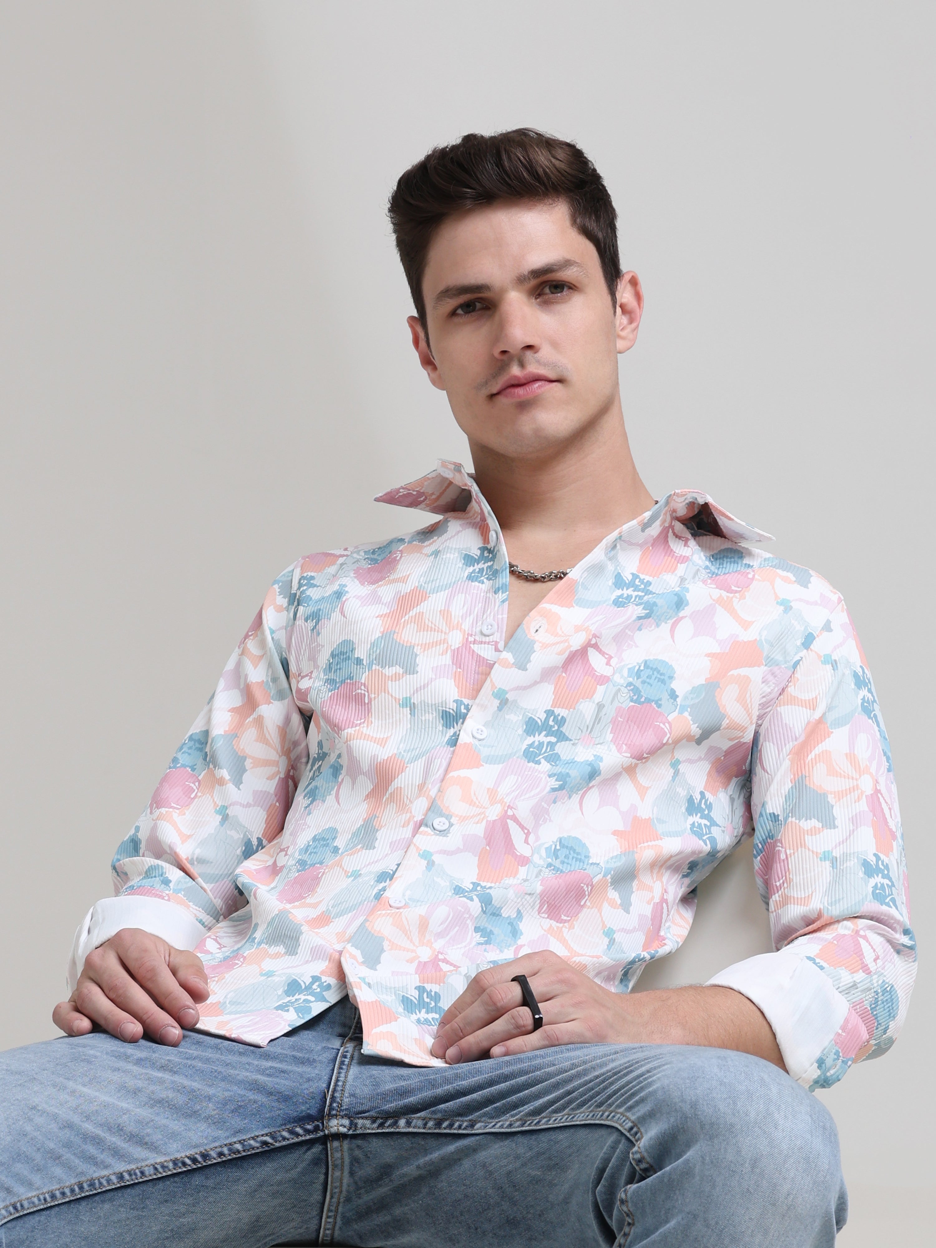 Blush Blossom: Printed Baby Pink Tapered Fit Full Sleeve Shirt