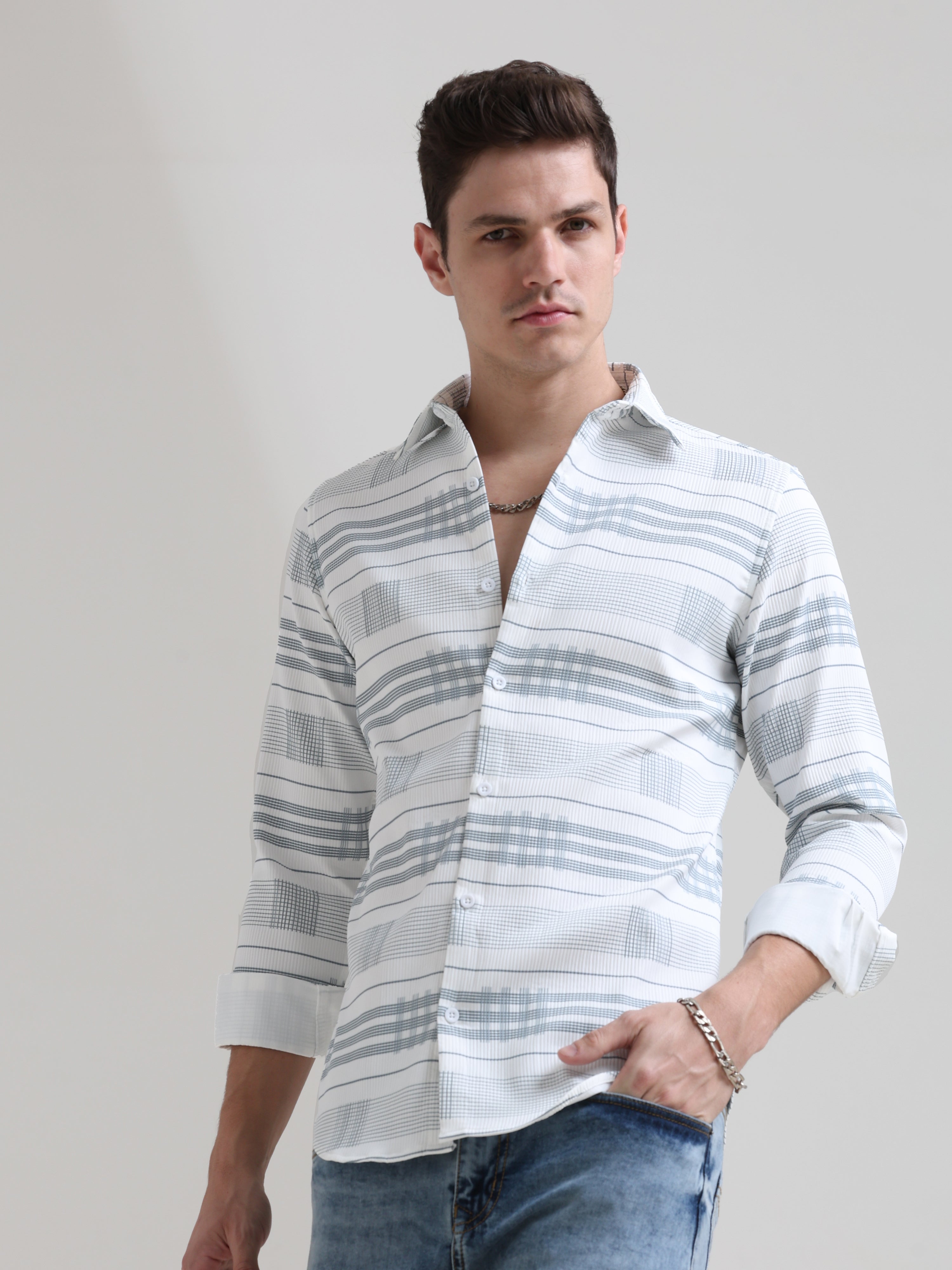 Slate Serenade: Printed Stone Blue Tapered Fit Shirt