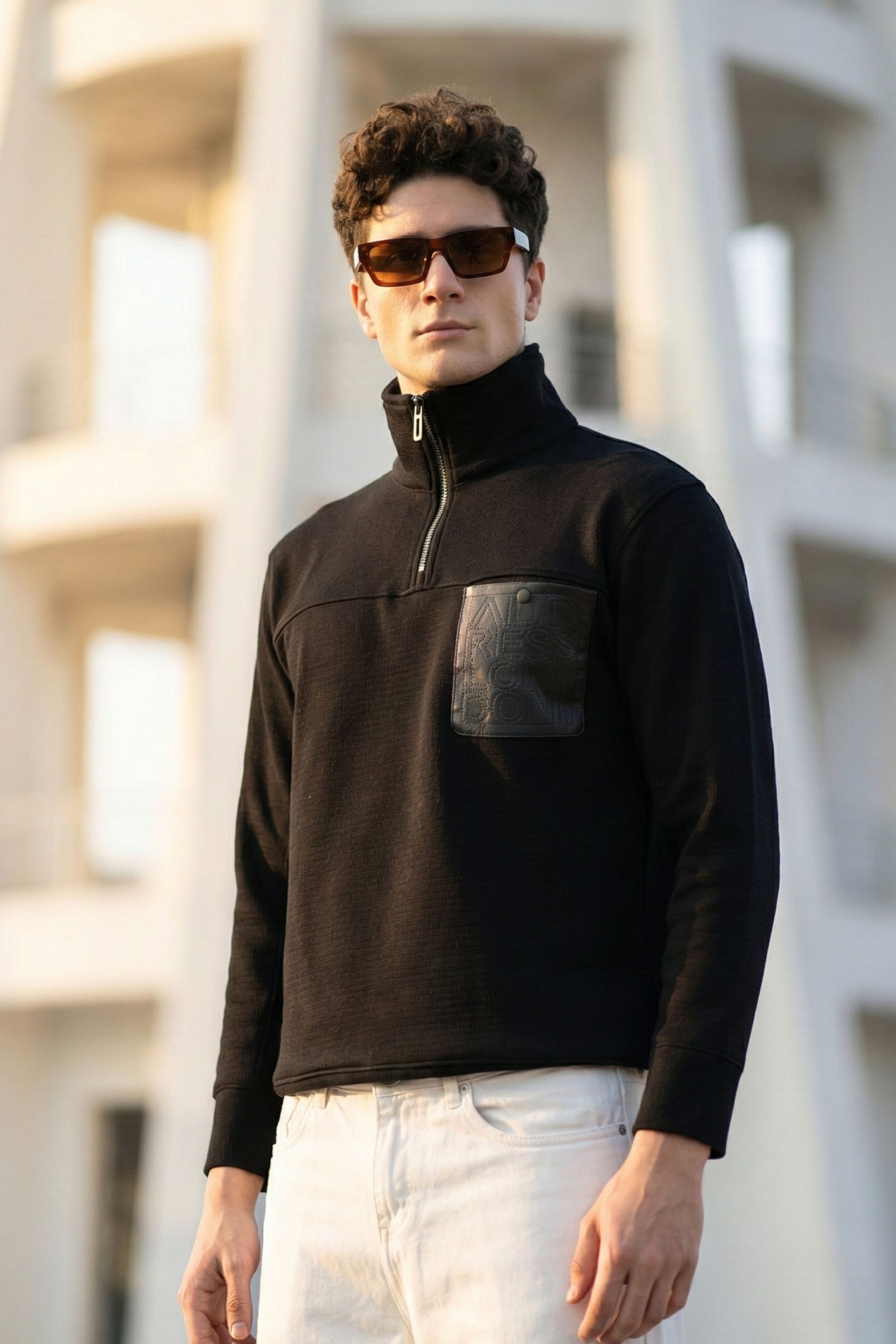 Zipper High Neck Black Full Sleeve Sweatshirt