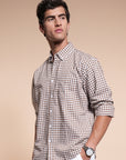 Brown Small Check Relaxed Fit Full Sleeve Shirt