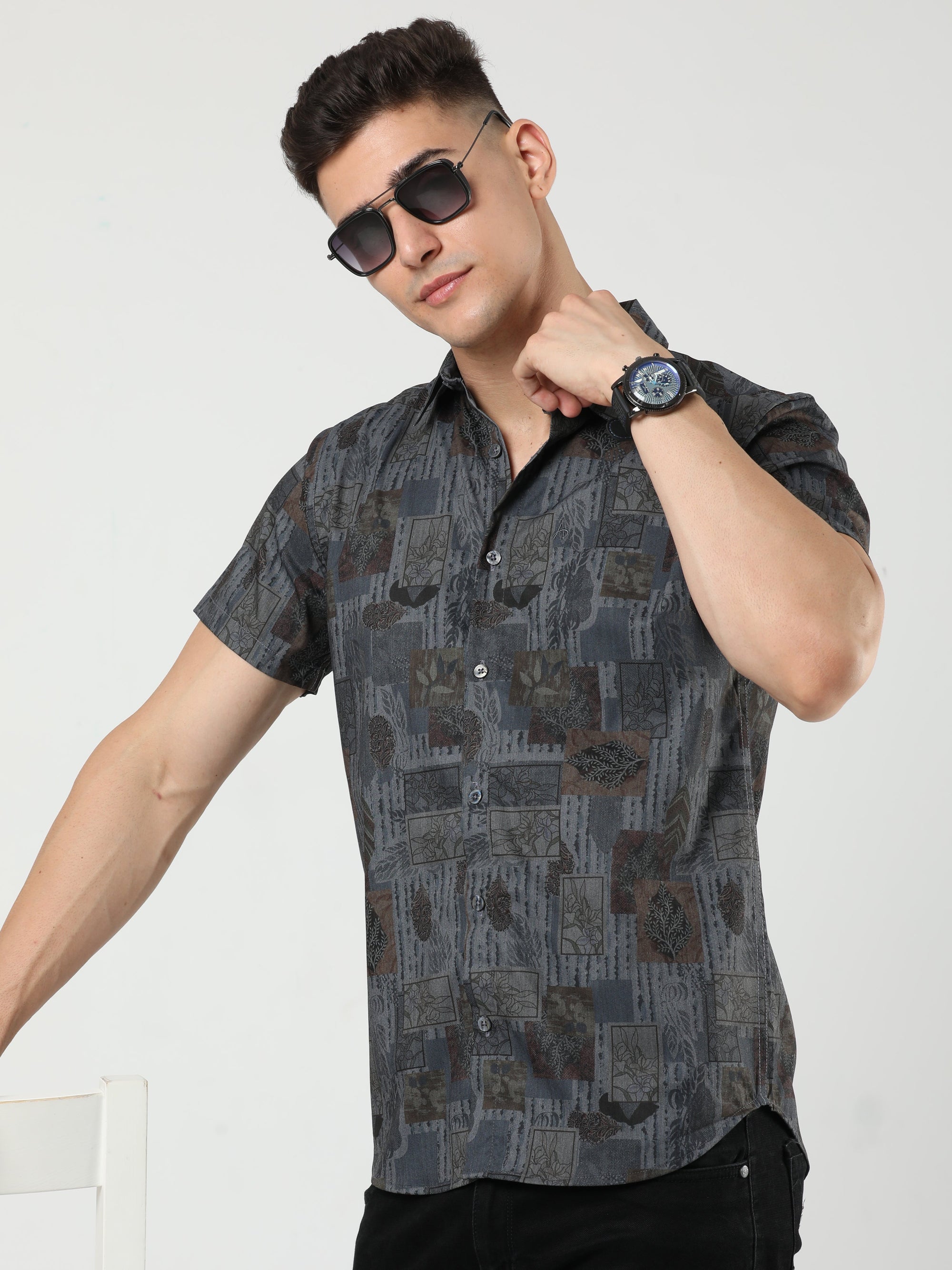 Chiton Dark Grey Printed Shirts