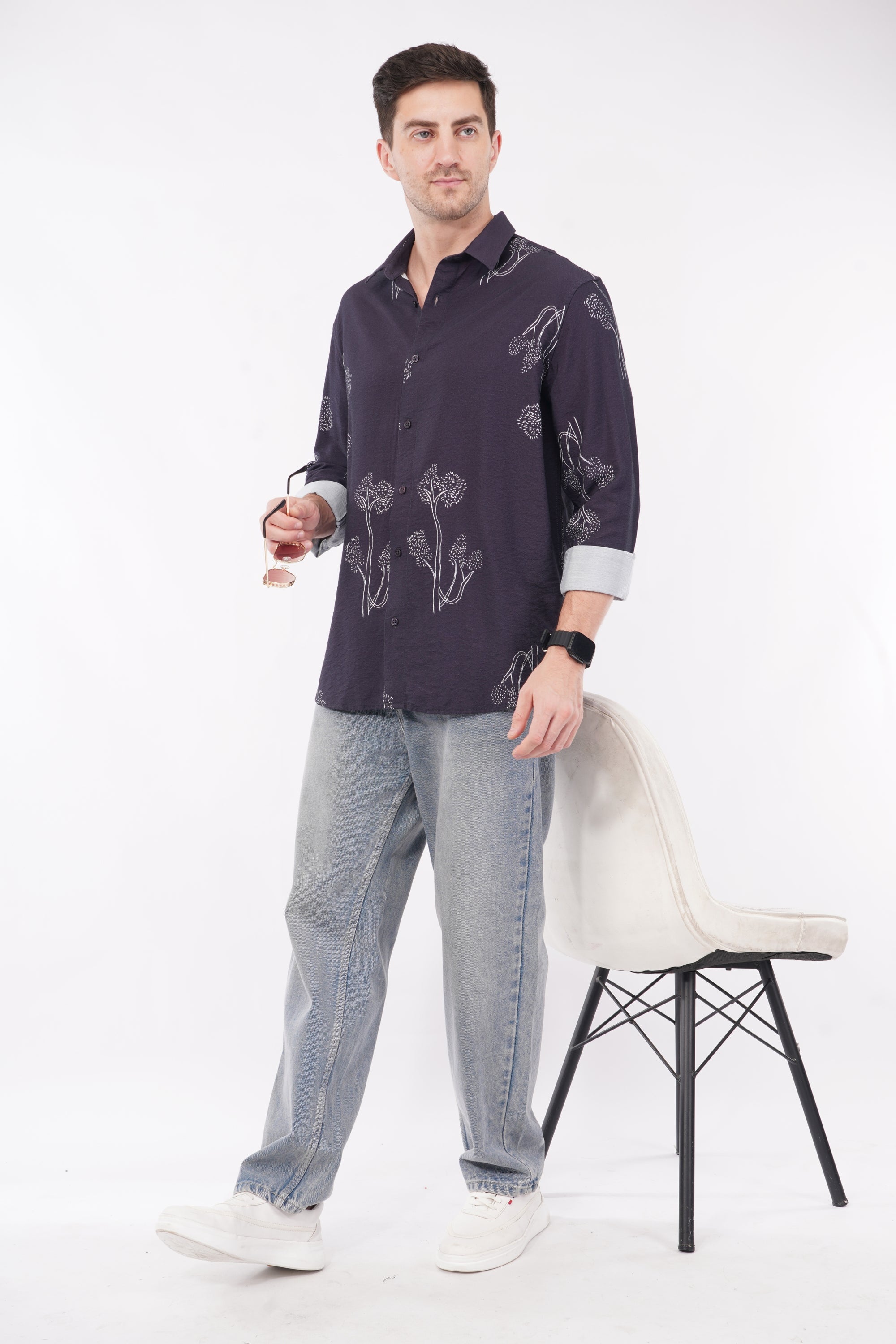 Floral Print Relaxed Fit Full Sleeve Navy Blue Shirt