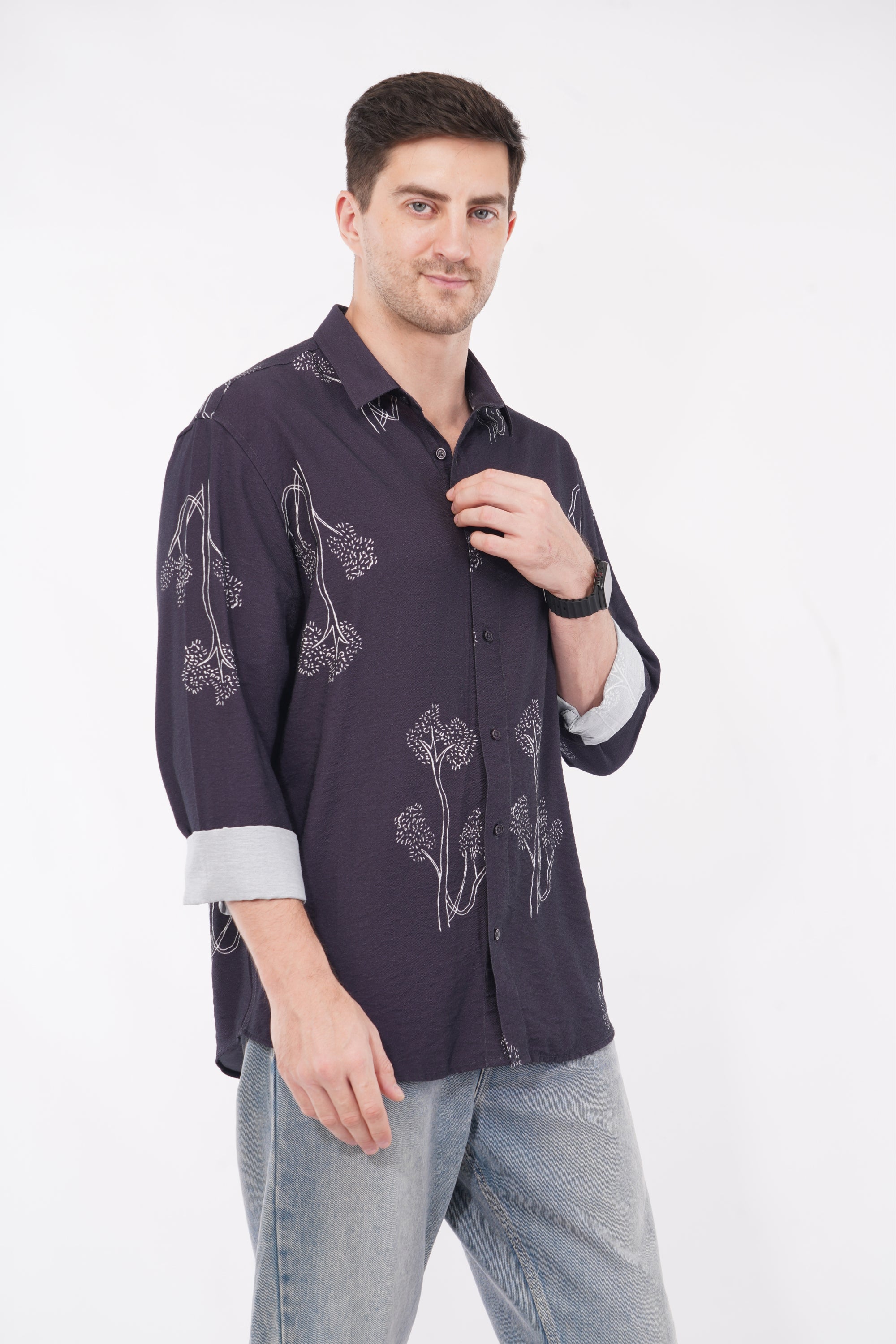 Floral Print Relaxed Fit Full Sleeve Navy Blue Shirt