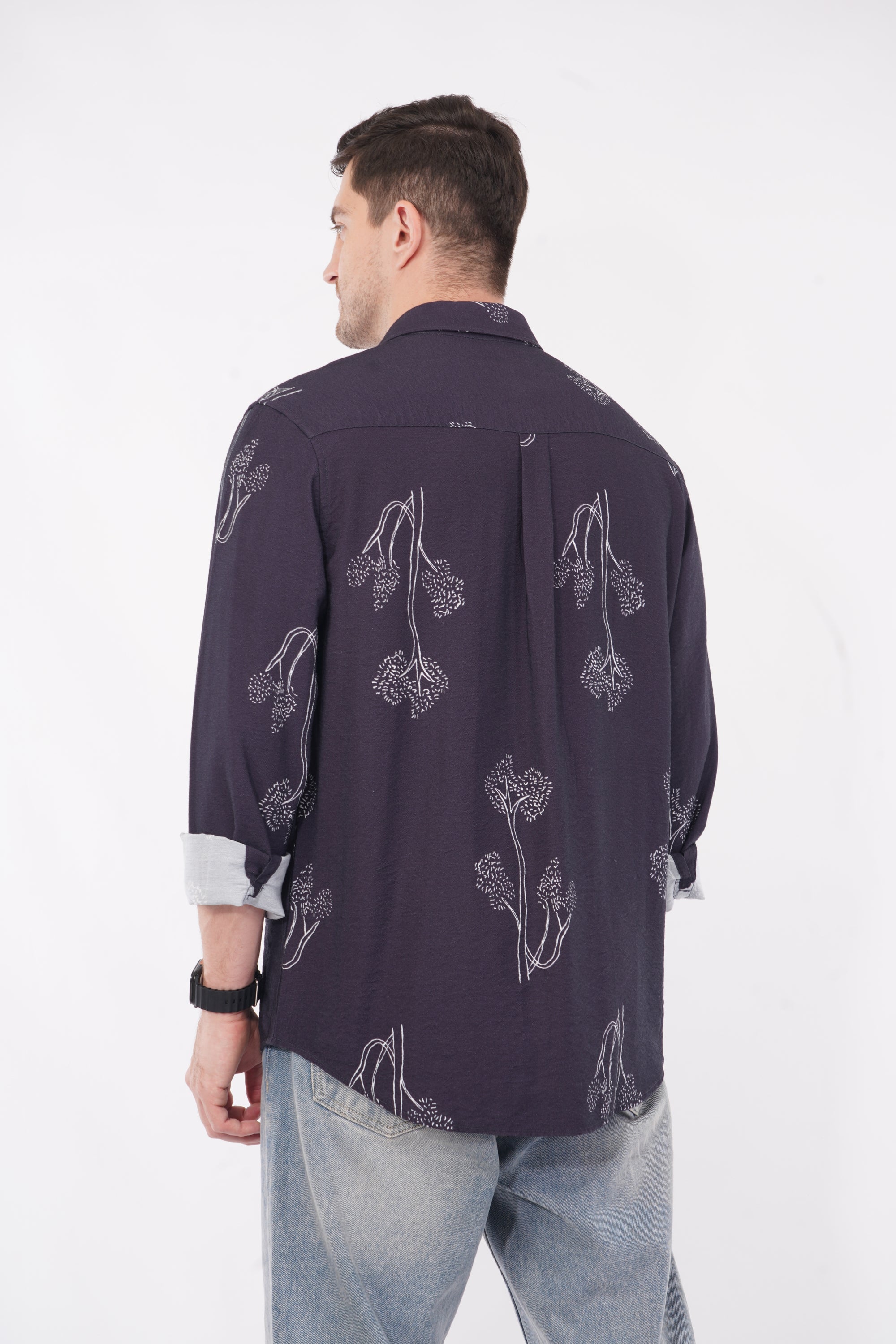 Floral Print Relaxed Fit Full Sleeve Navy Blue Shirt