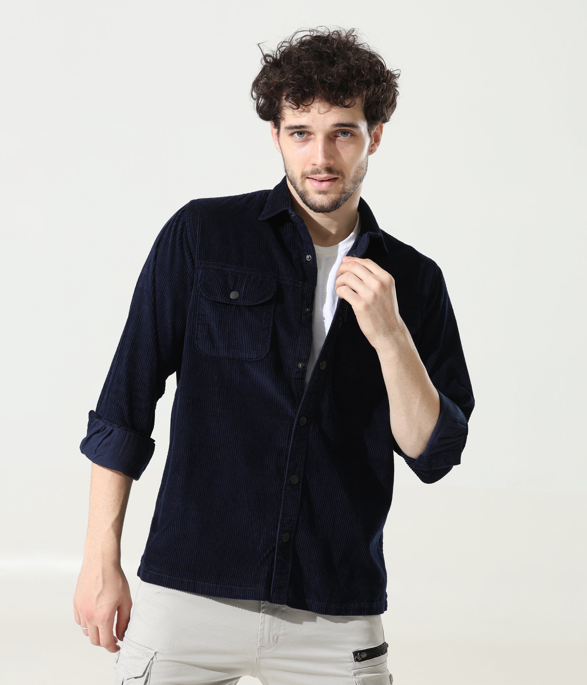 Navy Blue Versatile Dual-Pocket Shirt