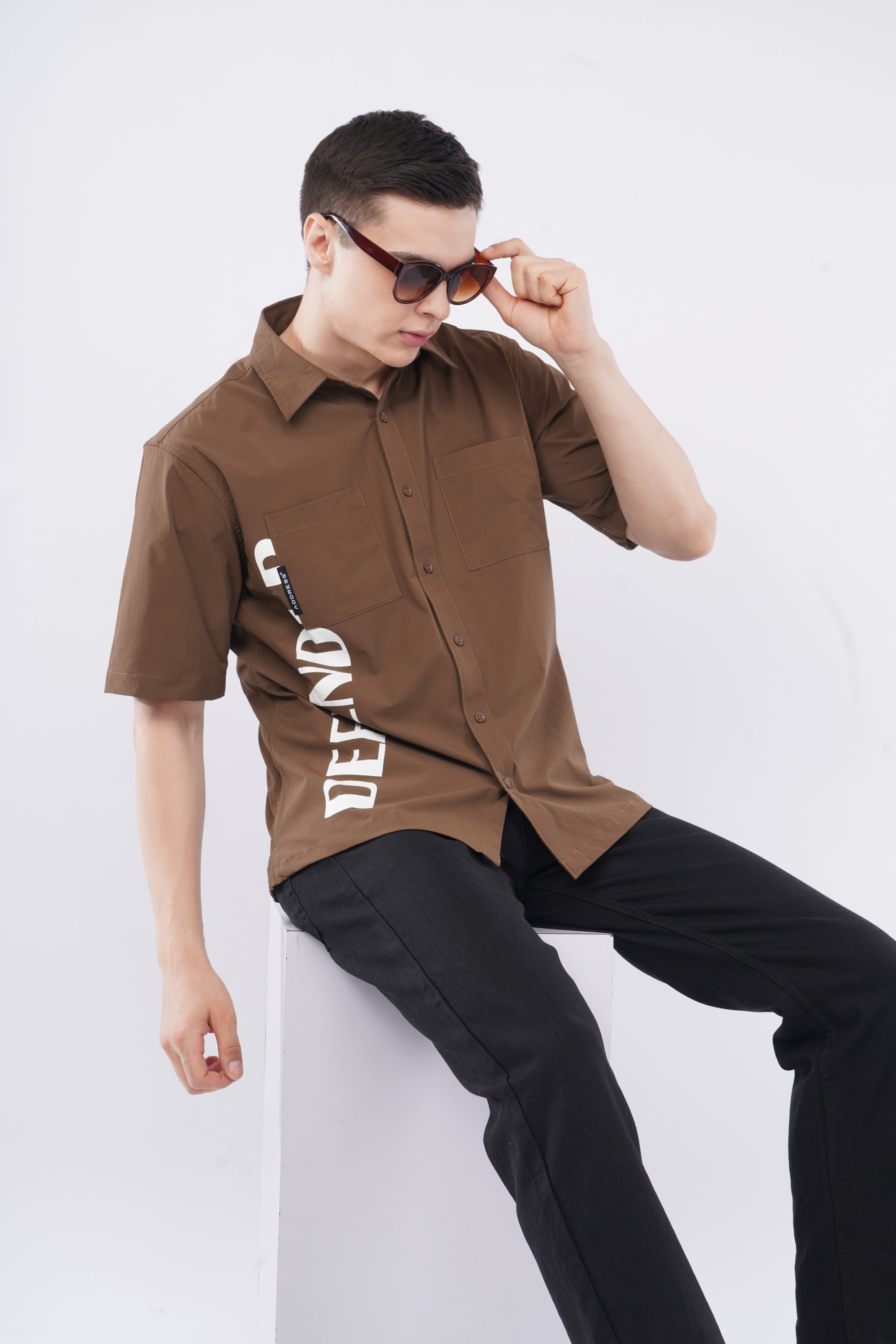 Half Sleeve Over Hanging Brown Printed Shirt