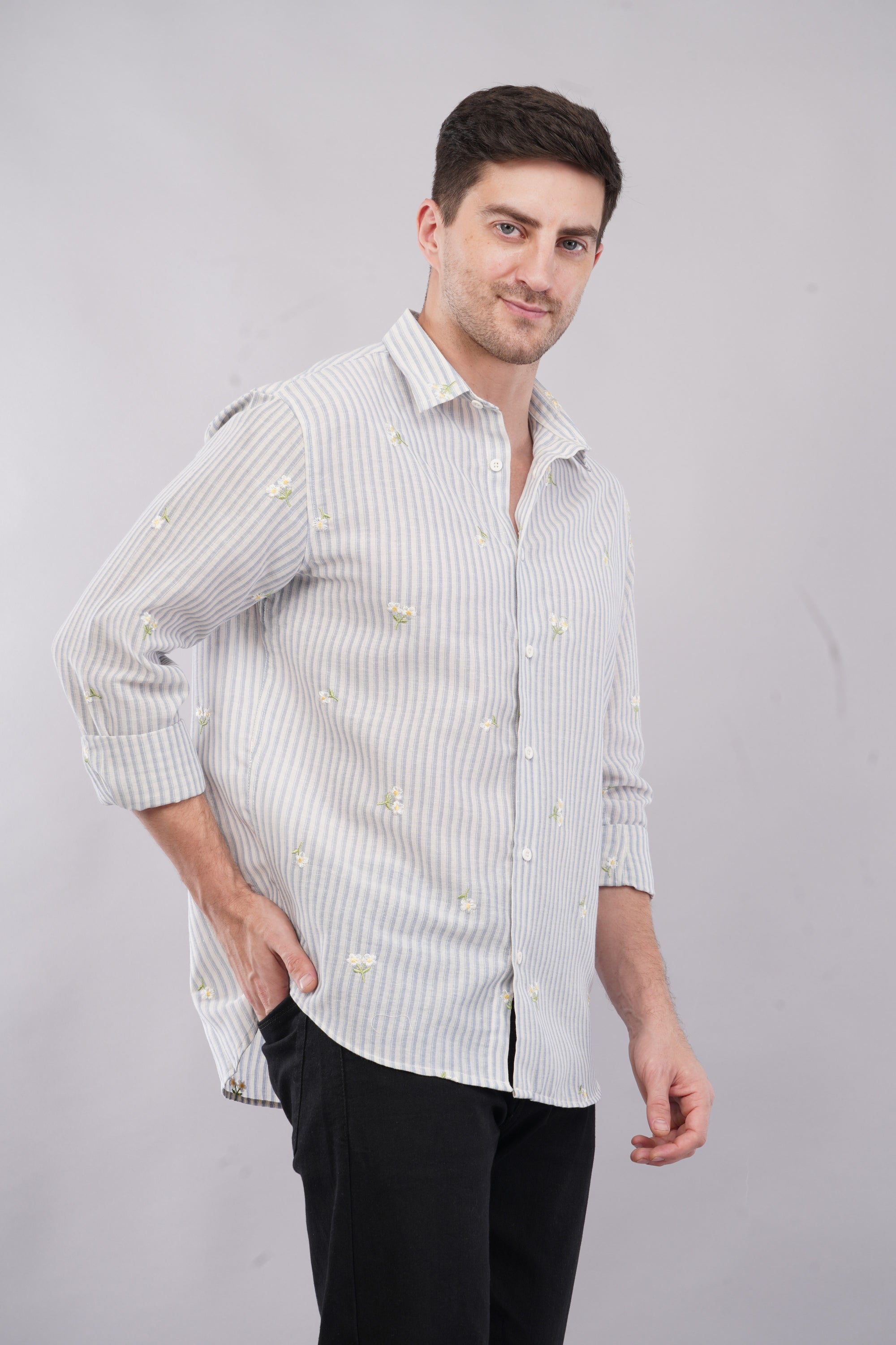 Striped Blue Floral Embroidery Relaxed Fit Full Sleeve Shirt