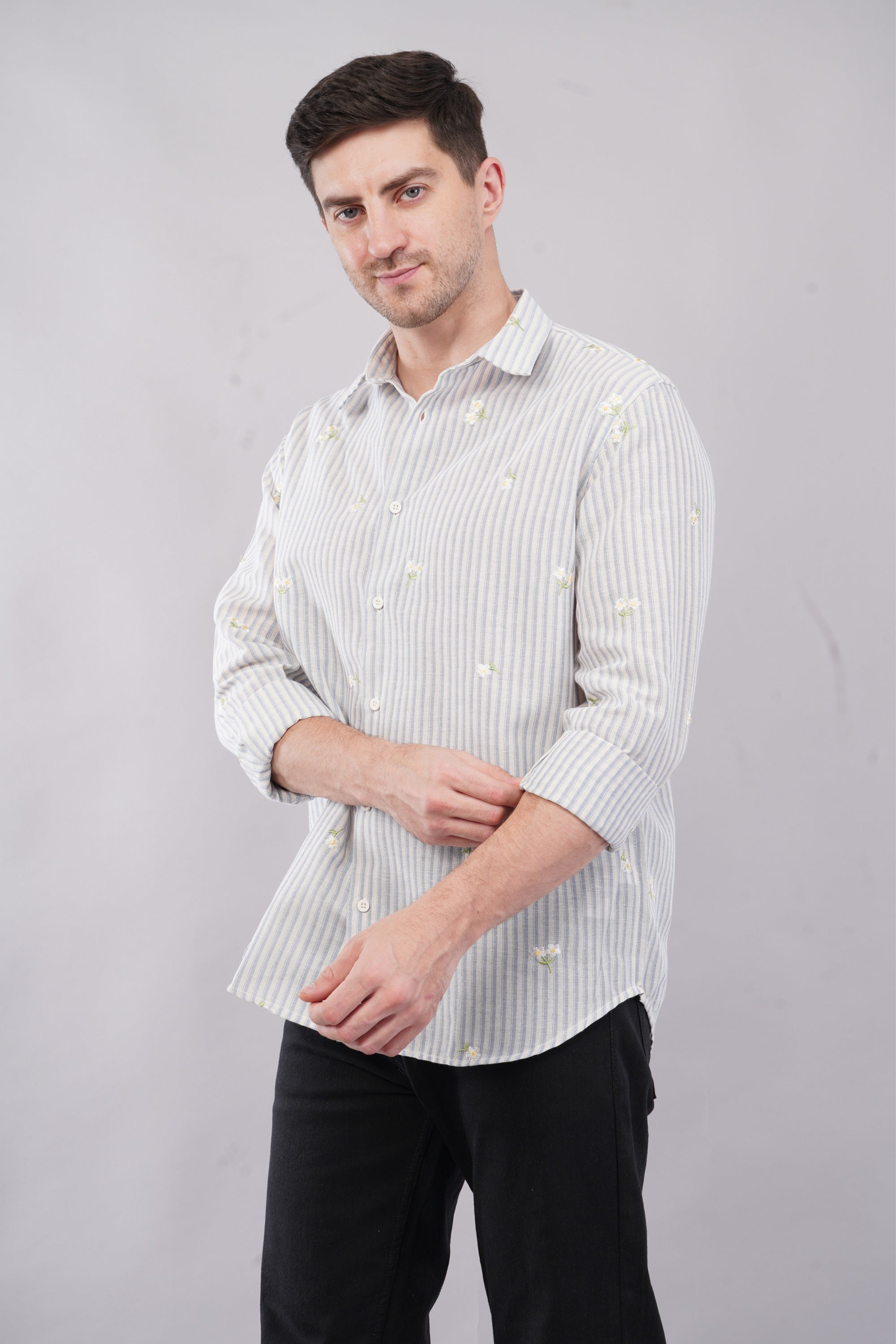 Striped Blue Floral Embroidery Relaxed Fit Full Sleeve Shirt