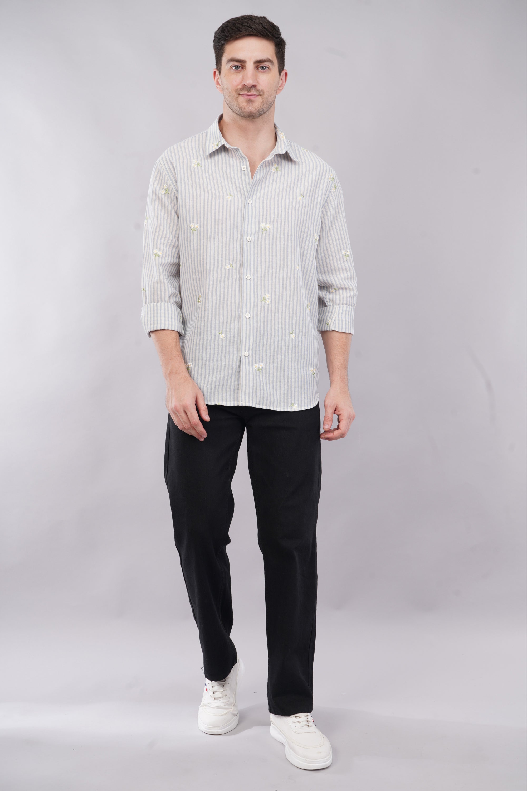 Striped Blue Floral Embroidery Relaxed Fit Full Sleeve Shirt