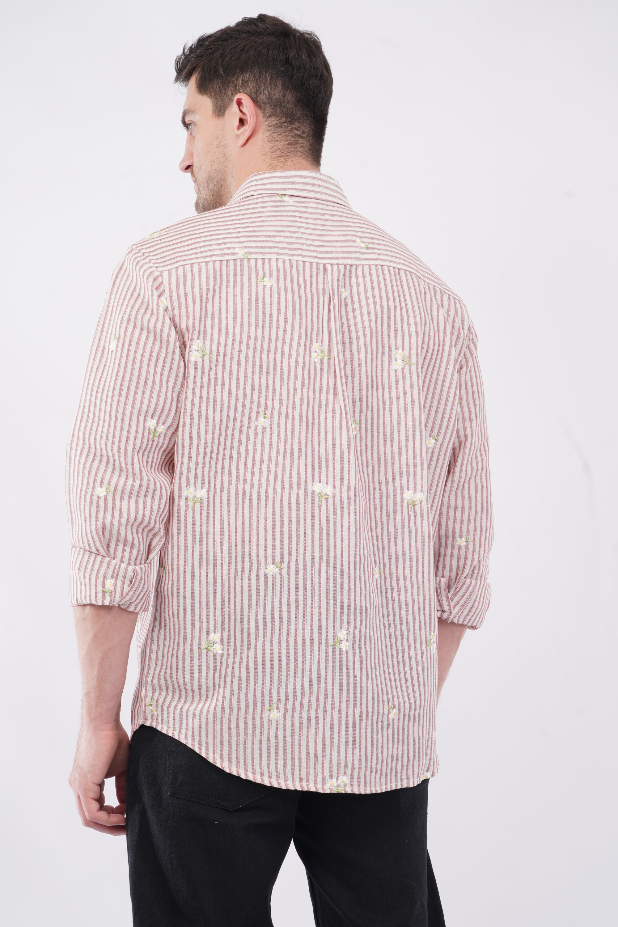 Striped Red Floral Embroidery Relaxed Fit Full Sleeve Shirt