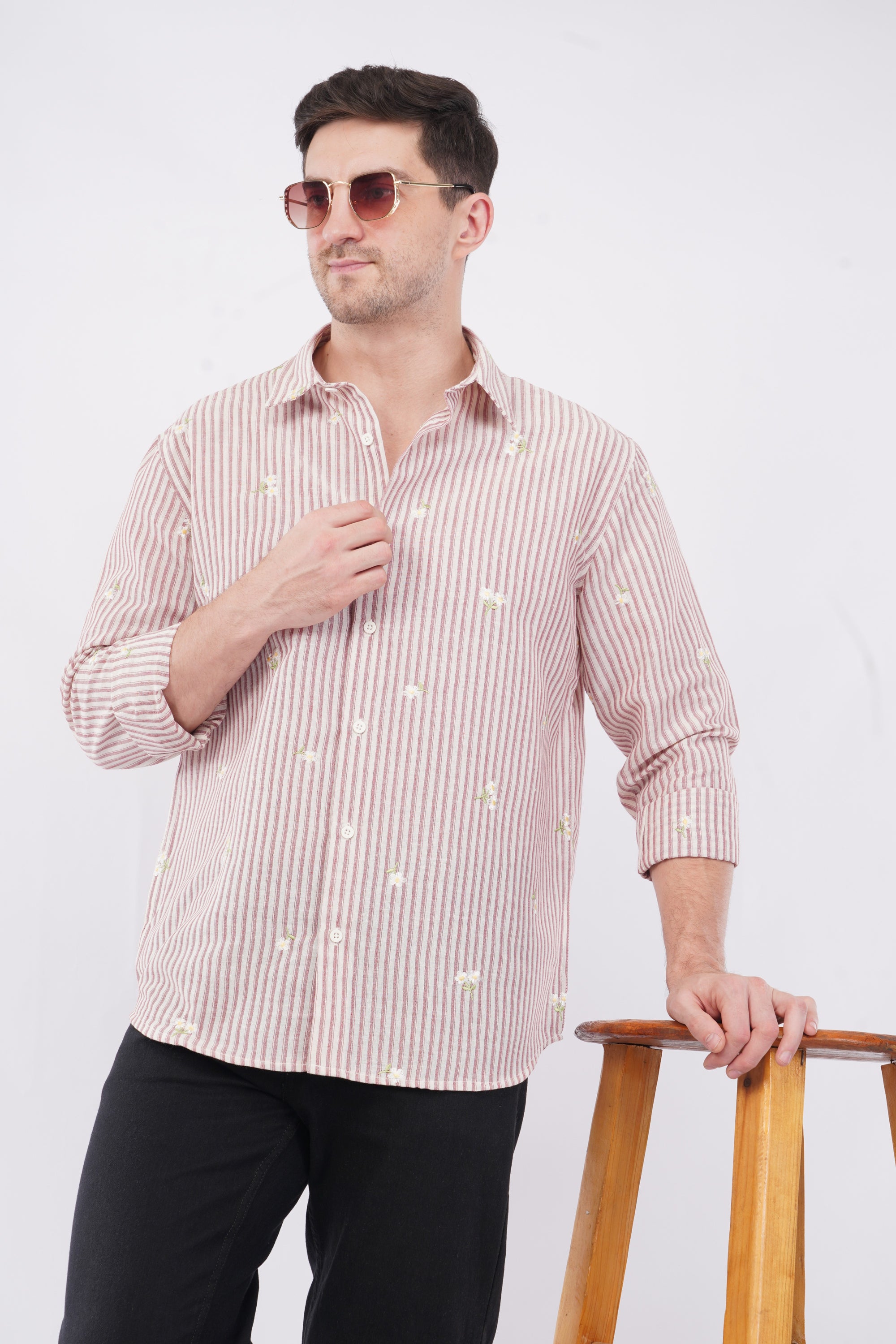 Striped Red Floral Embroidery Relaxed Fit Full Sleeve Shirt