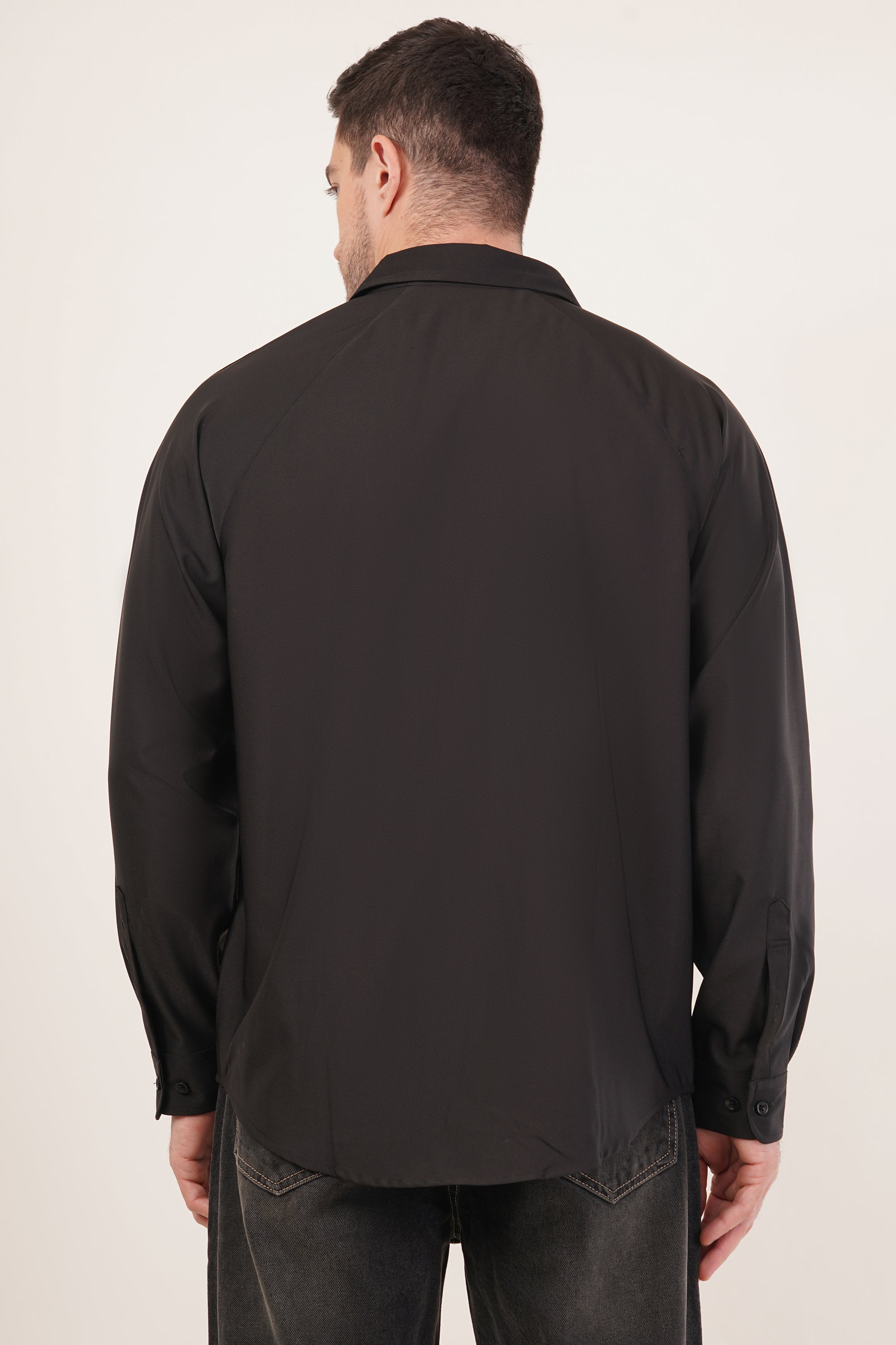 Black Wrinkle-Free Raglan Sleeve Regular Fit Shirt