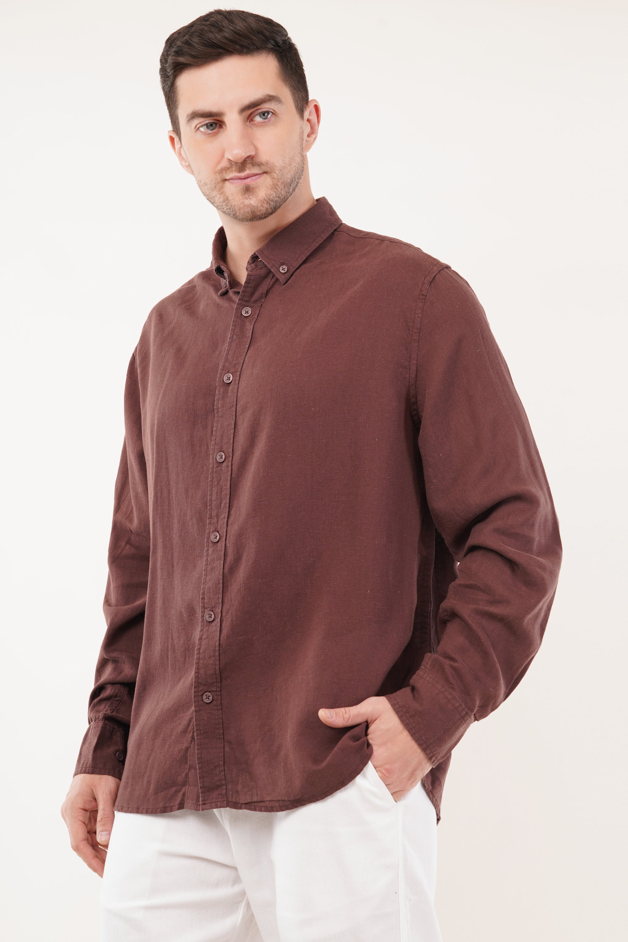 Linen Relaxed Fit Brown Full-Sleeve Shirt