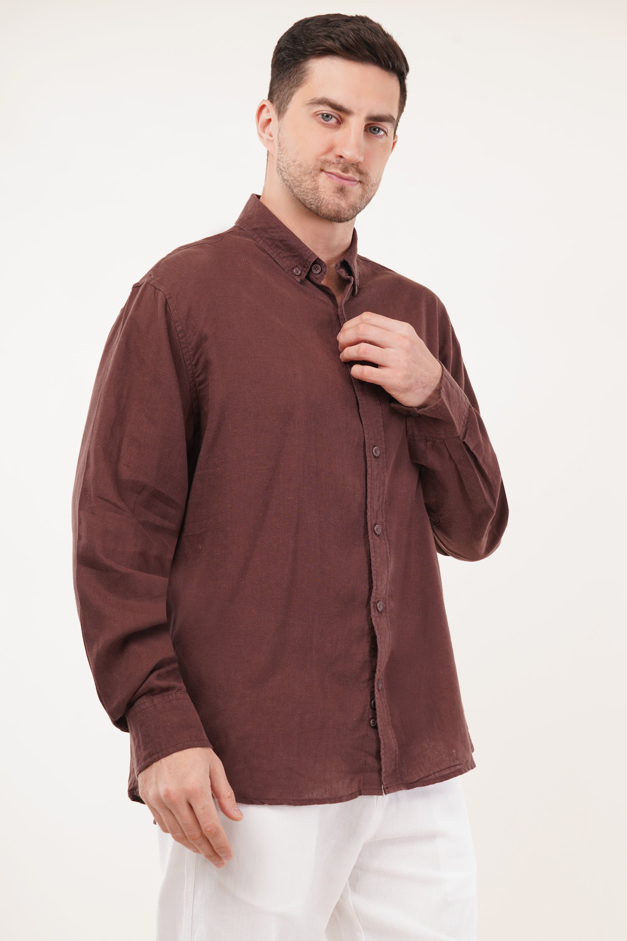 Linen Relaxed Fit Brown Full-Sleeve Shirt