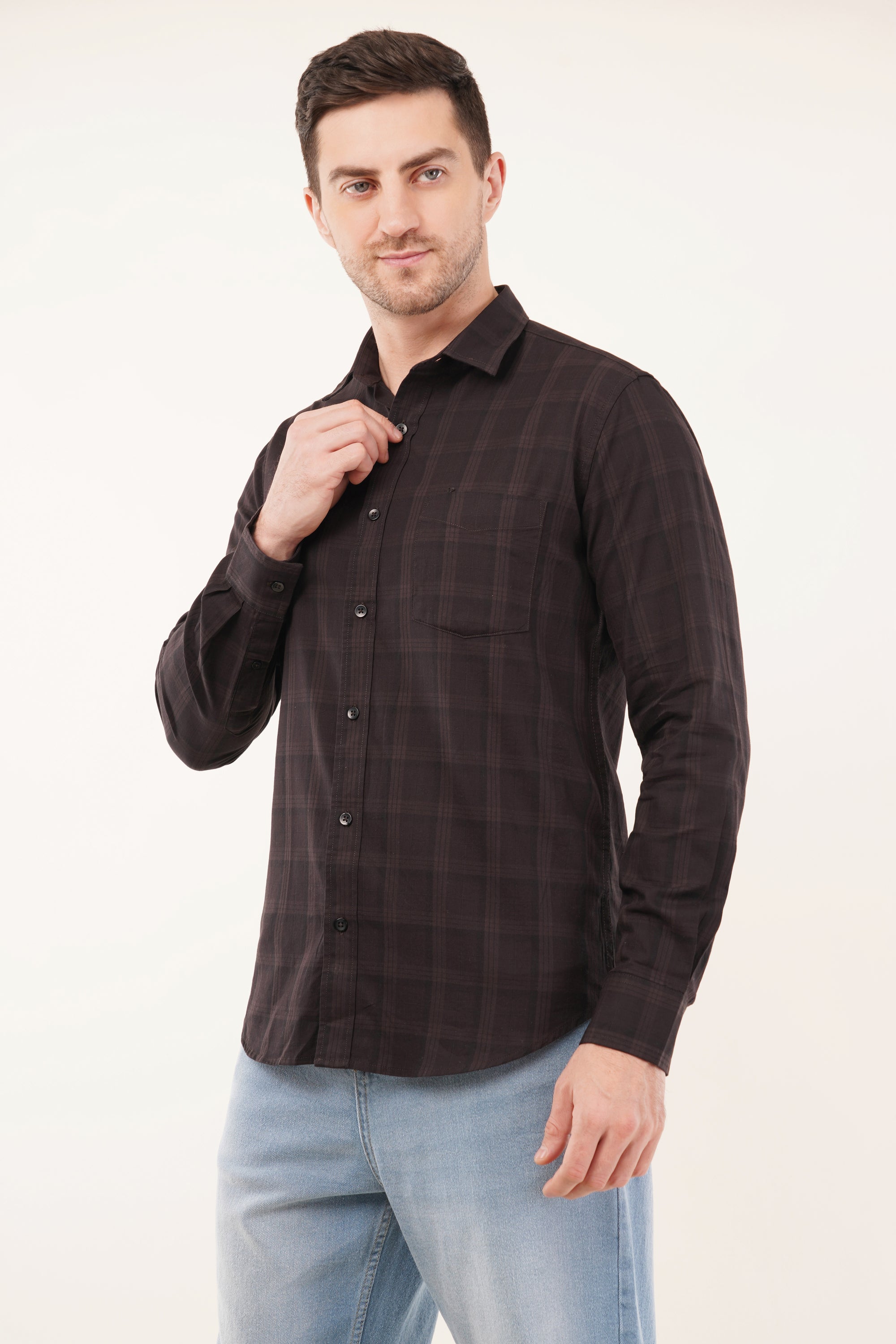 Slim Fit Brown Check Shirt