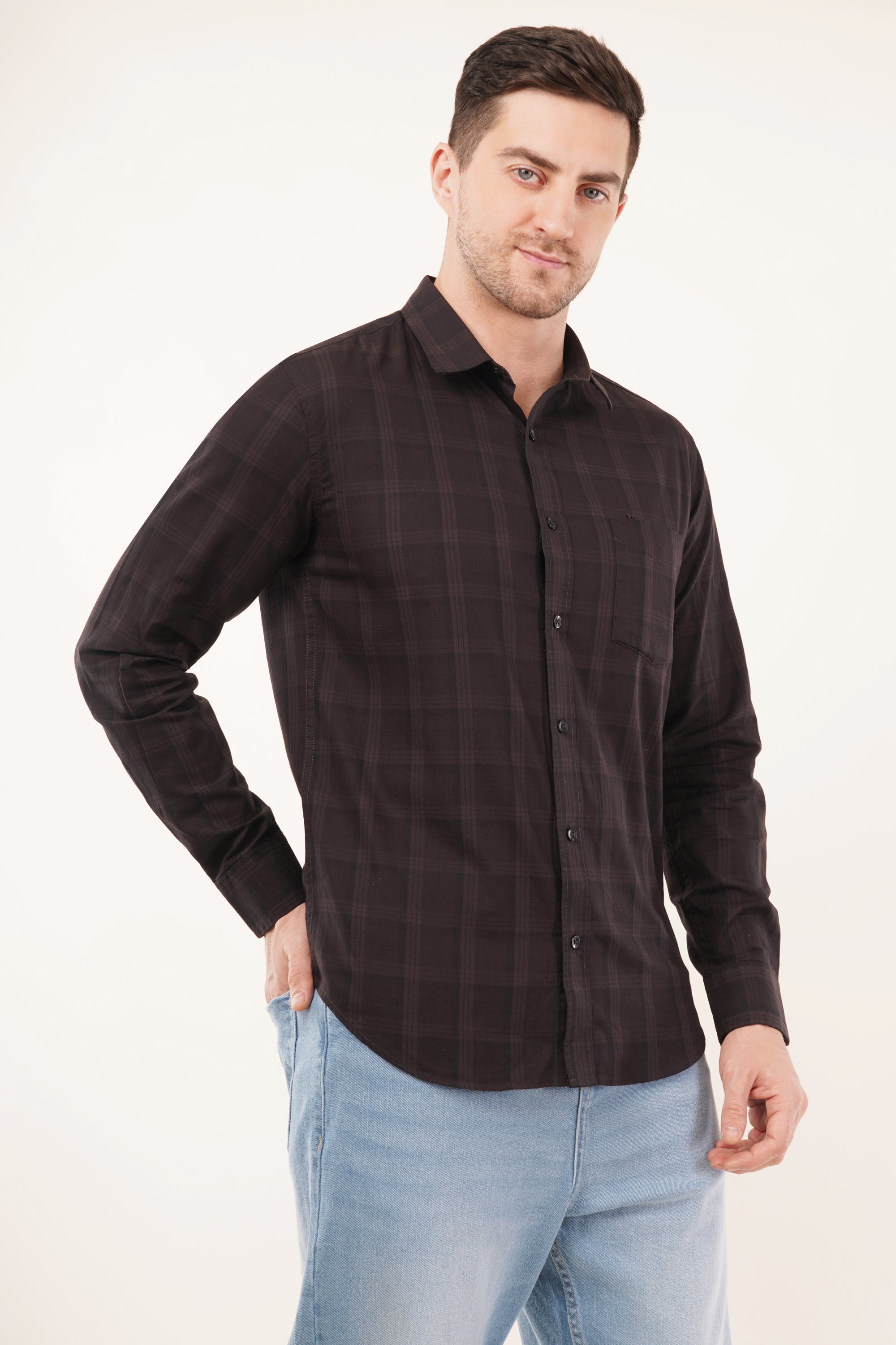 Slim Fit Brown Check Shirt