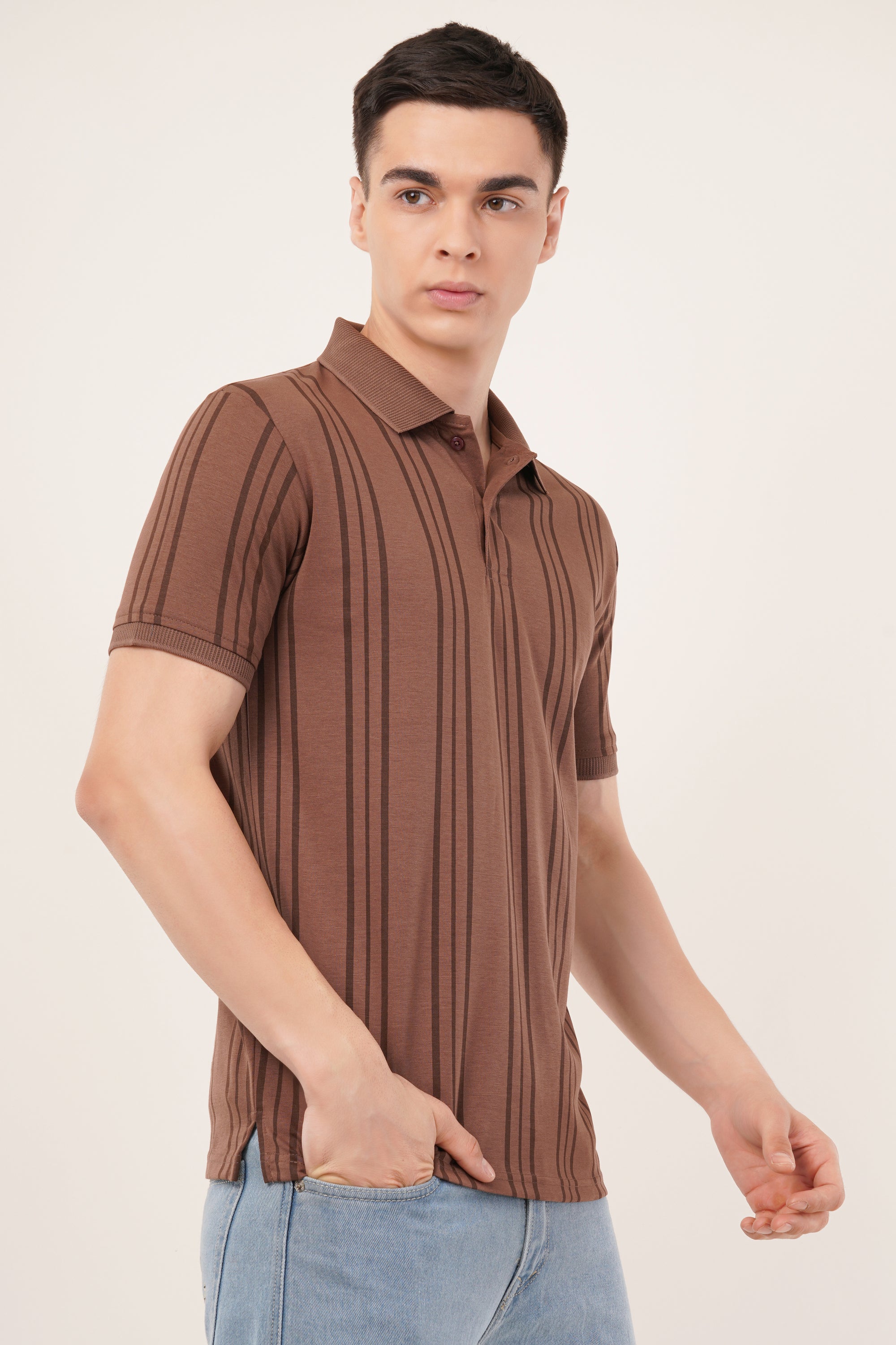 Long Stripe Brown Polo T-Shirt
