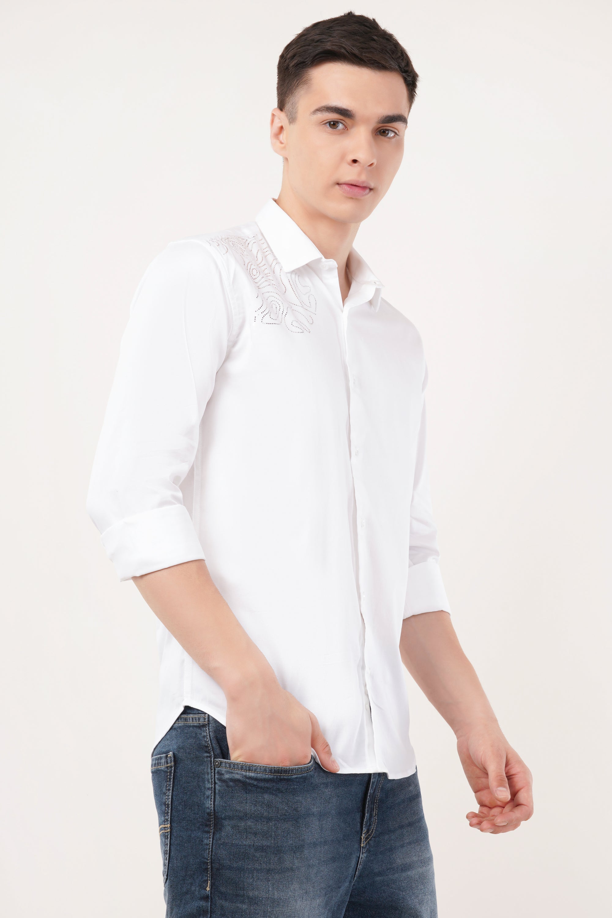 White Embellished Slim Fit Shirt