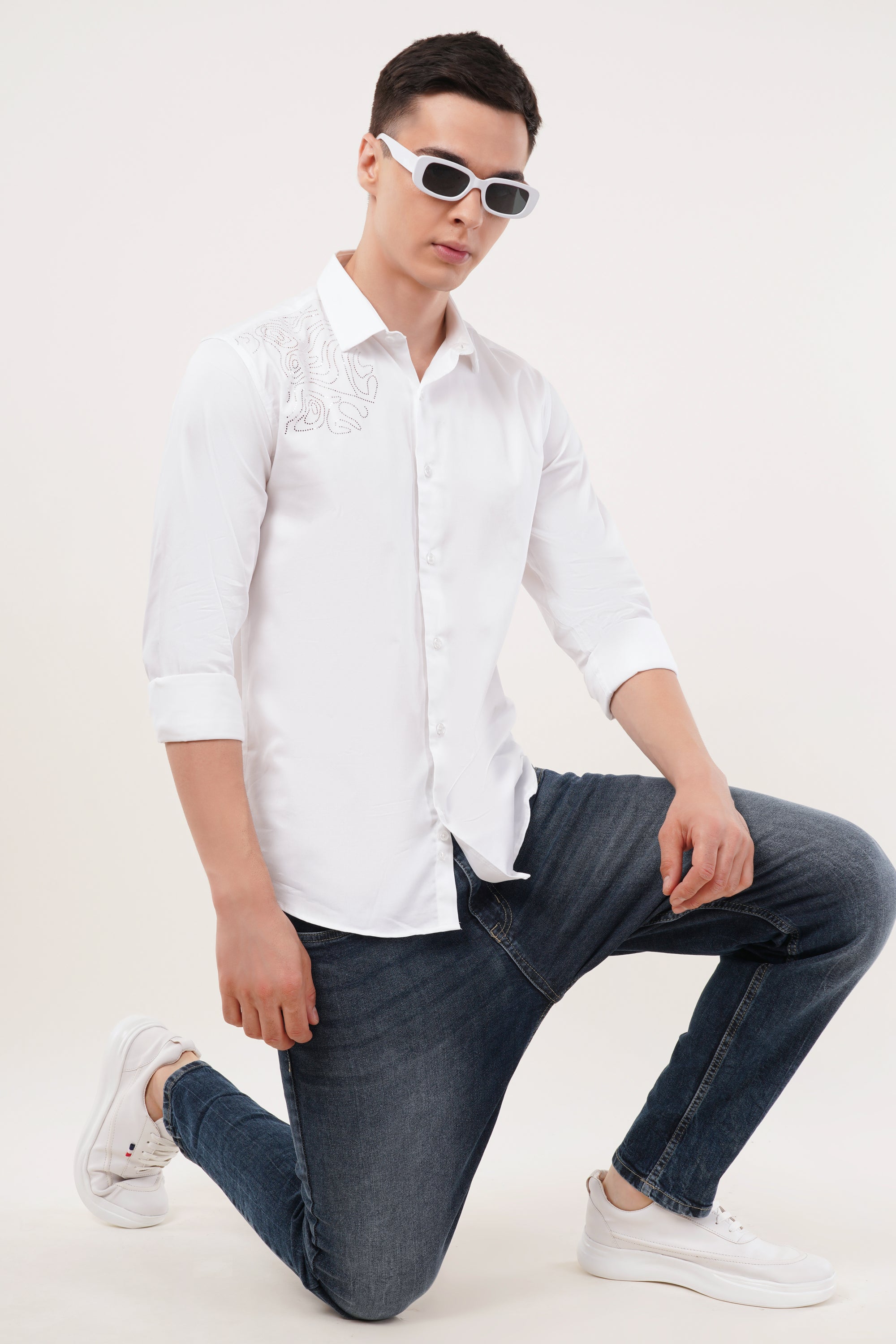 White Embellished Slim Fit Shirt