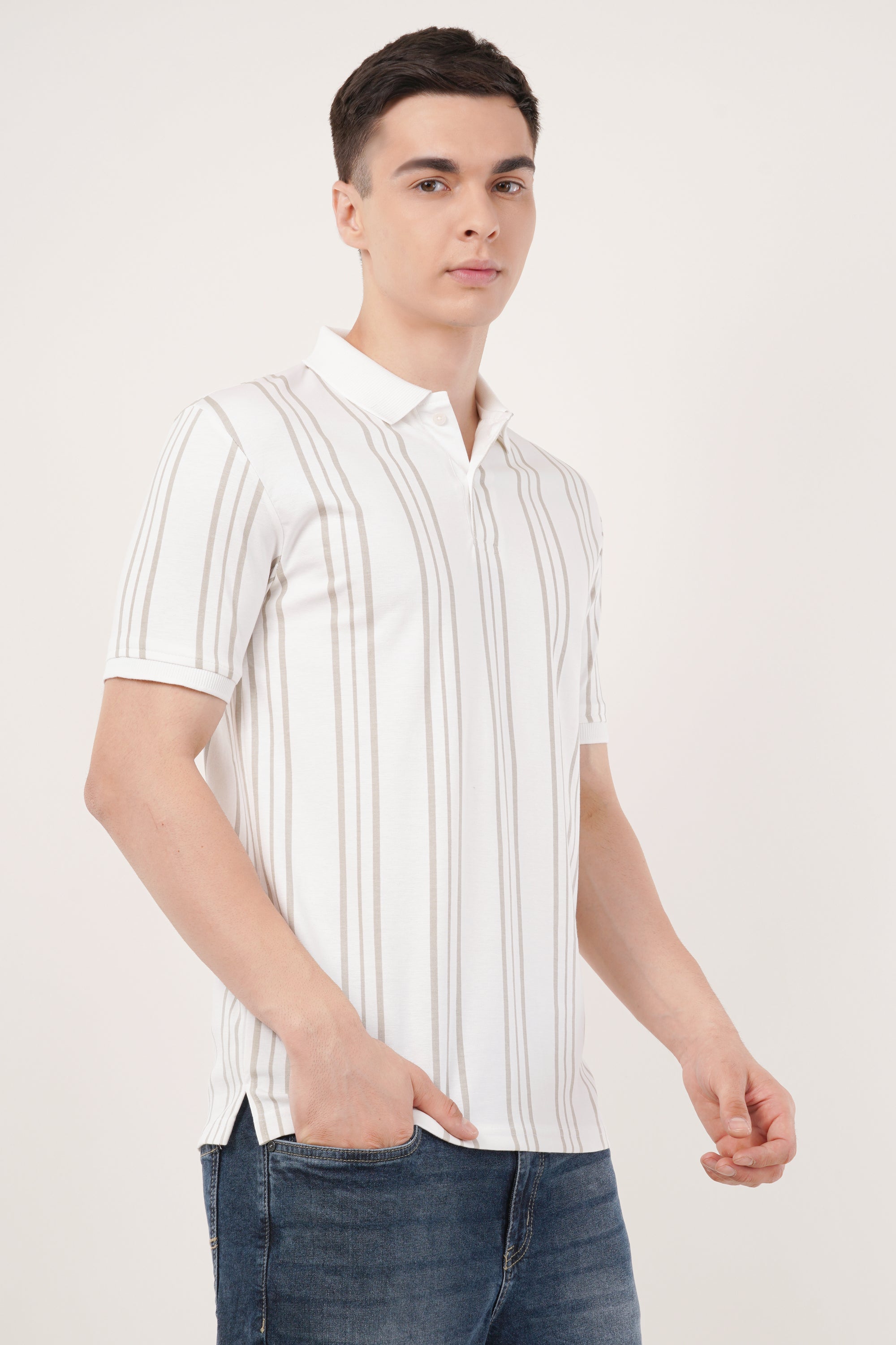 Long Stripe White Polo T-Shirt