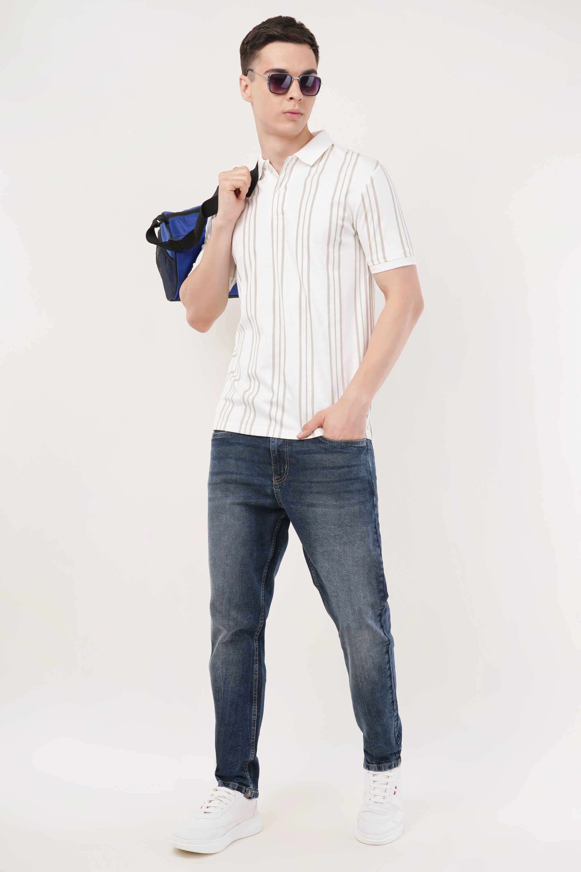 Long Stripe White Polo T-Shirt