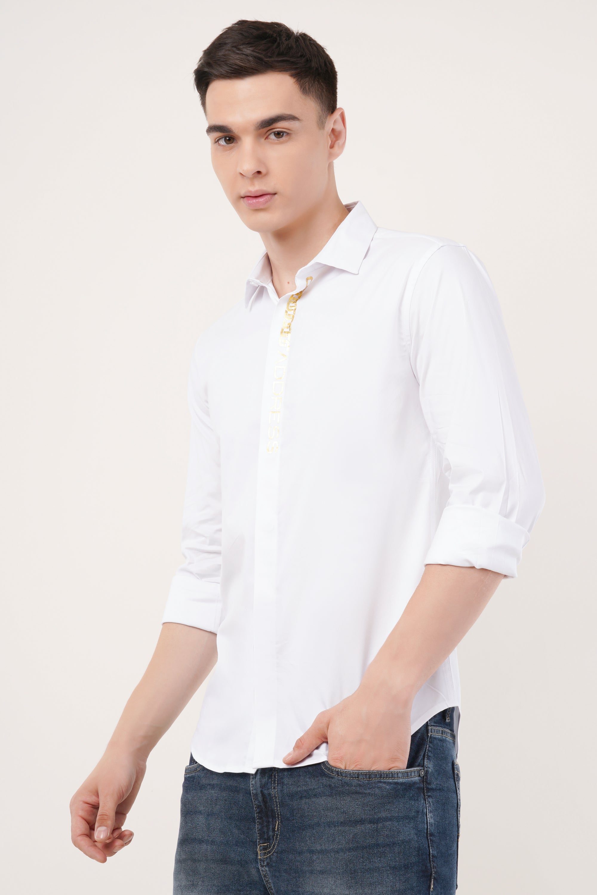 Slim Fit White Foil Printed Shirt