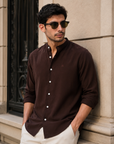 Brown Tapered Fit Mandarin Collar Shirt