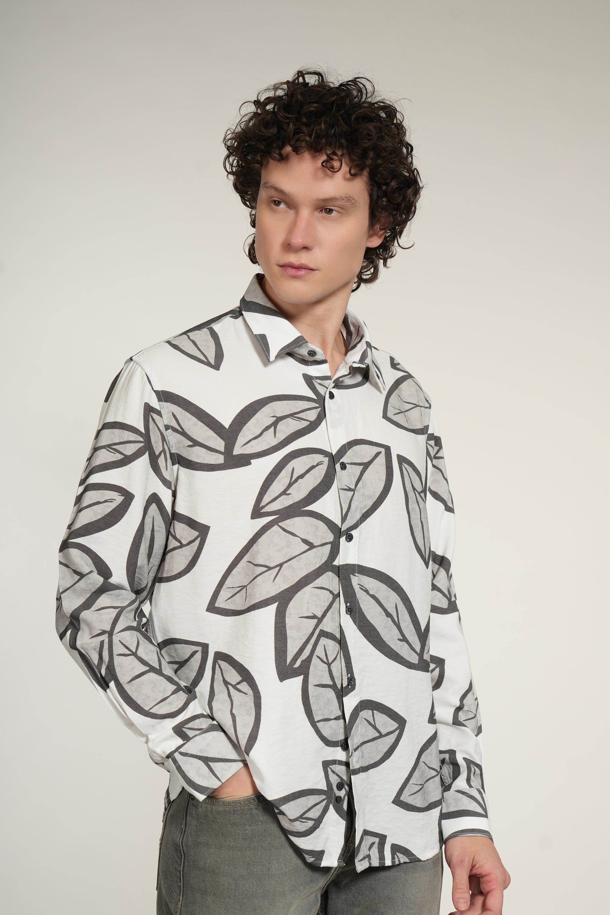 White Printed Relaxed Fit Full Sleeve Shirt