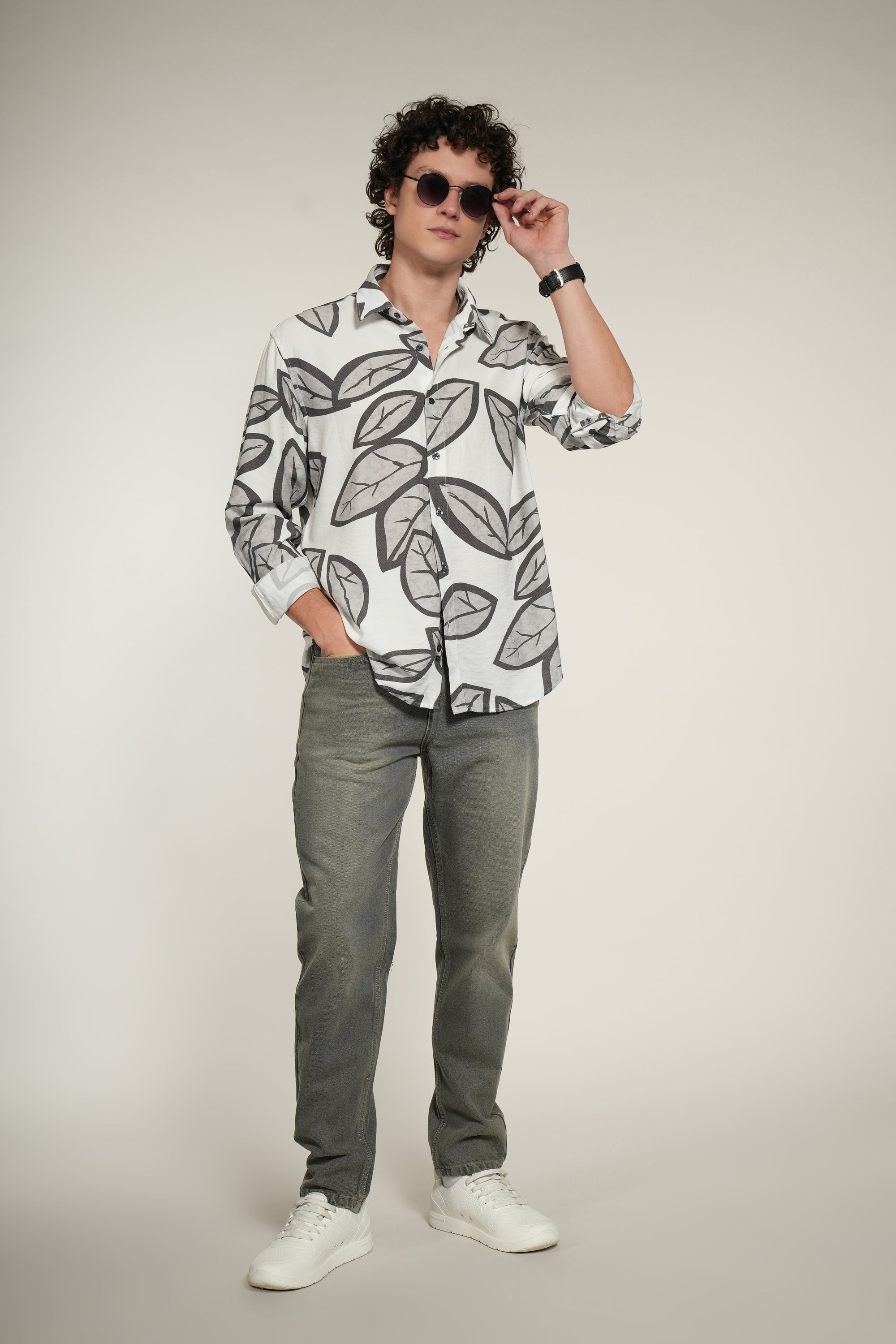 White Printed Relaxed Fit Full Sleeve Shirt